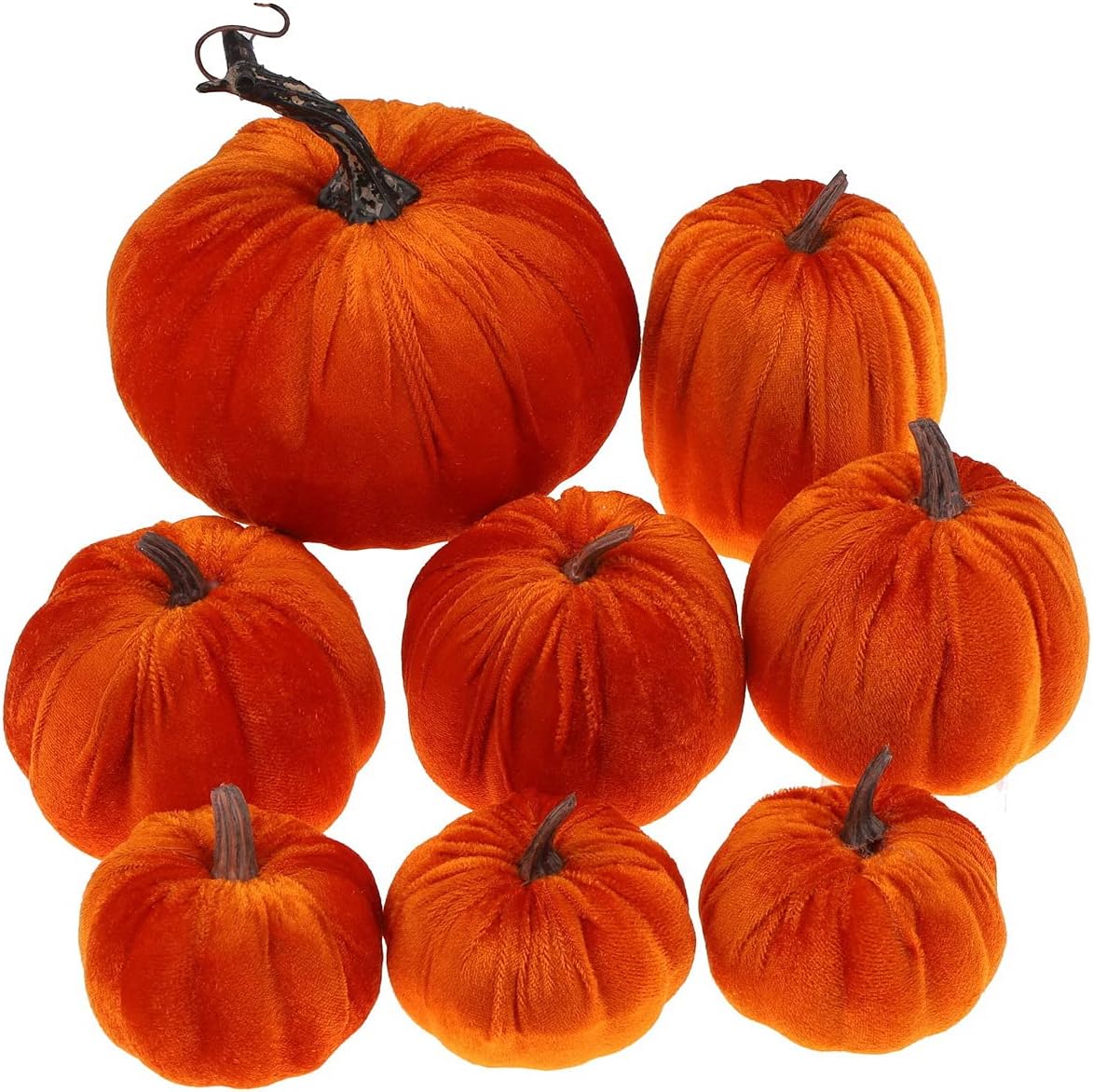 Gresorth 8pcs Assorted Size Fake Handmade Orange Velvet Pumpkins Artificial Fall Harvest Halloween Decoration for Home Kitchen Farmhouse Thanksgiving Wedding Festival