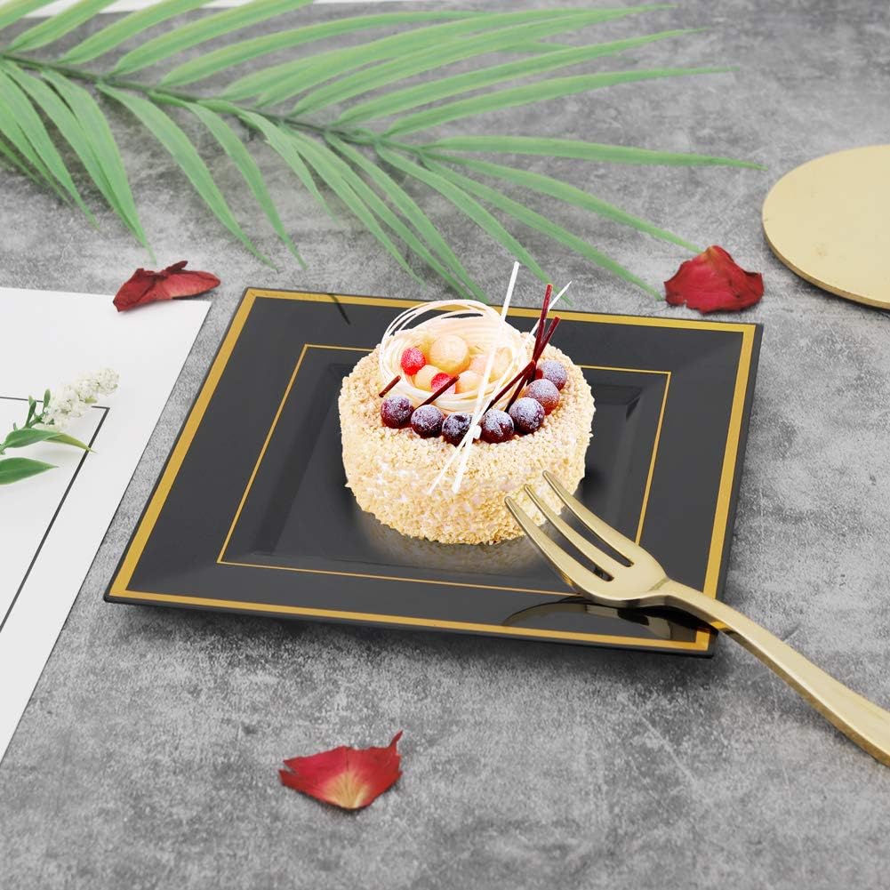 bUCLA 100PCS Black Square Plastic Plates with Gold Rim - 6 inch Disposable Dessert/Appetizer/Small Cake Plates for Party, Graduation & New Year - Image 4