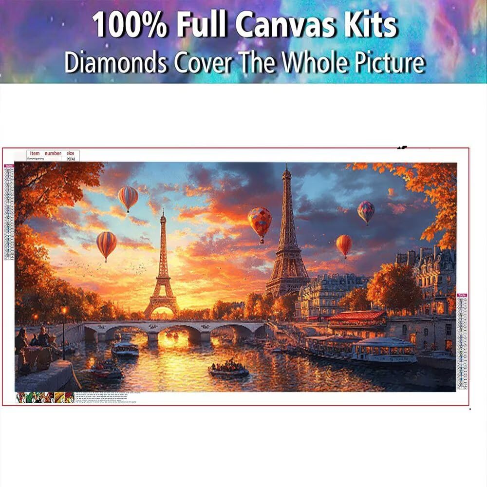 5D Diament Art Pełne zestawy XXL, balon na gorące powietrze okrągła wieża Eiffla Diament Malarstwo kryształowe DIY sztuka kamieni szlachetnych, dorośli do dekoracji domu, kreatywne prezenty 90x180cm