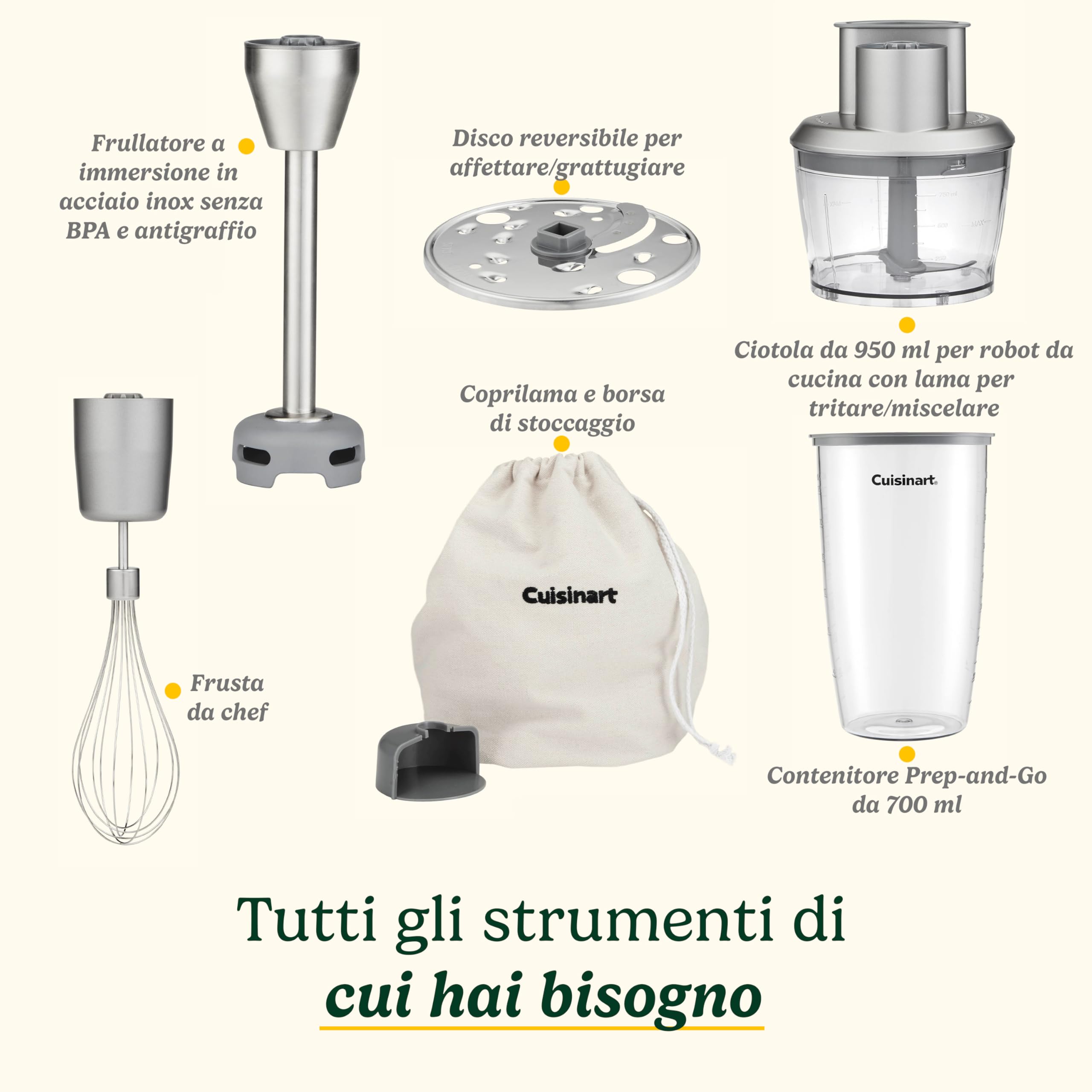 Cuisinart Power Blend frullatore a immersione da 400 W con controllo di velocità variabile, lama inox, campana antigraffio BPA free, frusta, ciotola robot e contenitore Prep-and-Go inclusi