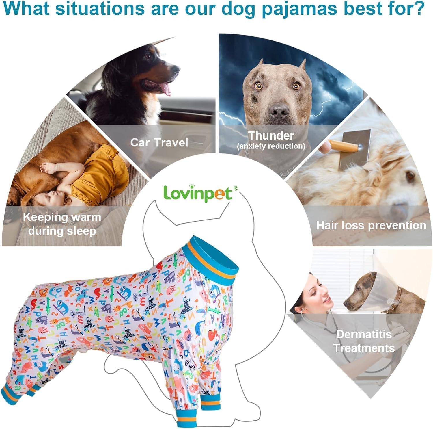 LovinPet Dog Onesies for Large Dogs Shedding, Undershirt for Big Dog,Dog Pajamas,Lightweight Stretchy Flannel Fabric,White Noah's Ark Alphabet Print,Uv Protection,Easy to Wear,Large