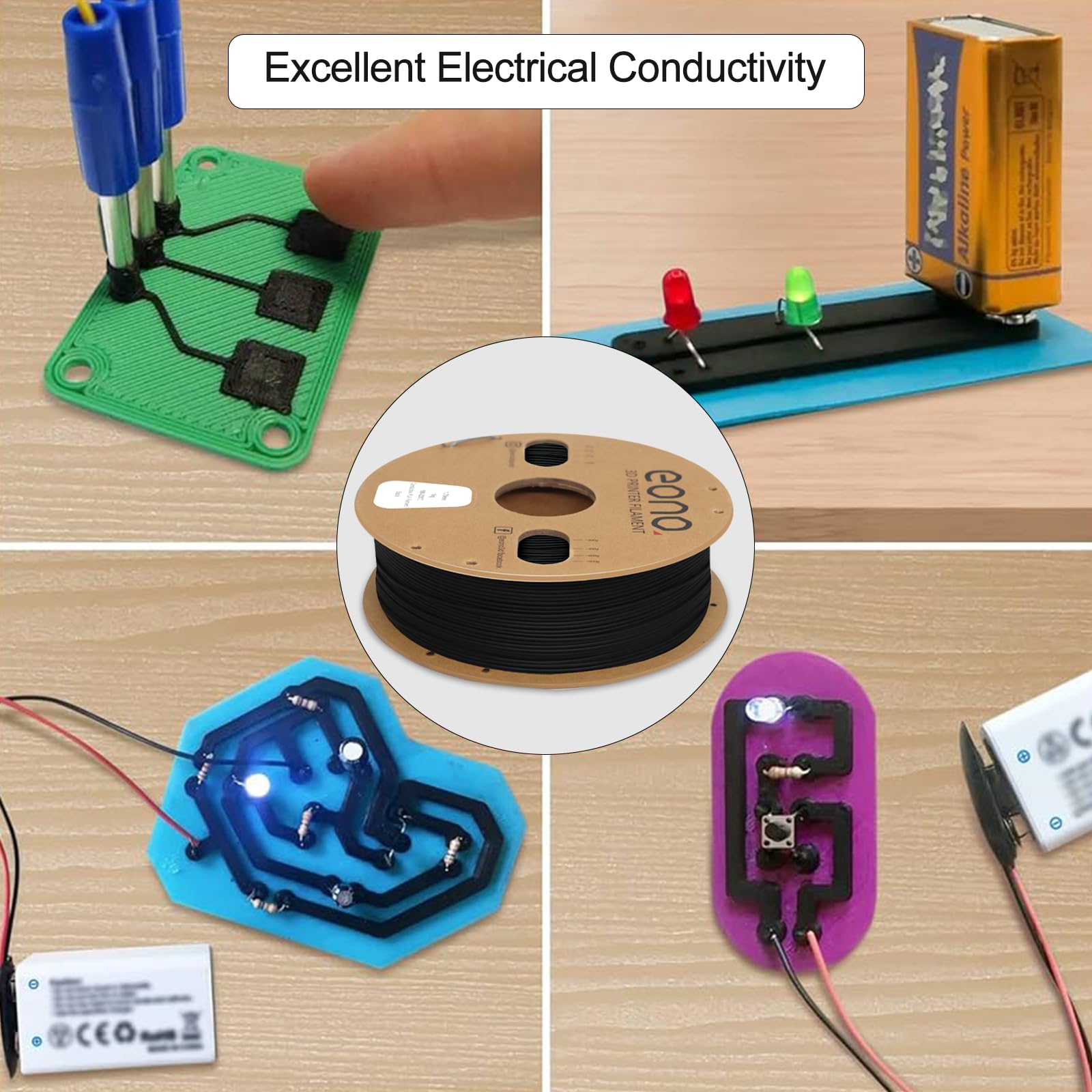 EONO Elektrycznie przewodzący filament PLA 1,75 mm, przewodzący filament do drukarki 3D, Conductive PLA 1 kg, dokładność pomiaru +/- 0,03 mm do drukarki FDM, czarny