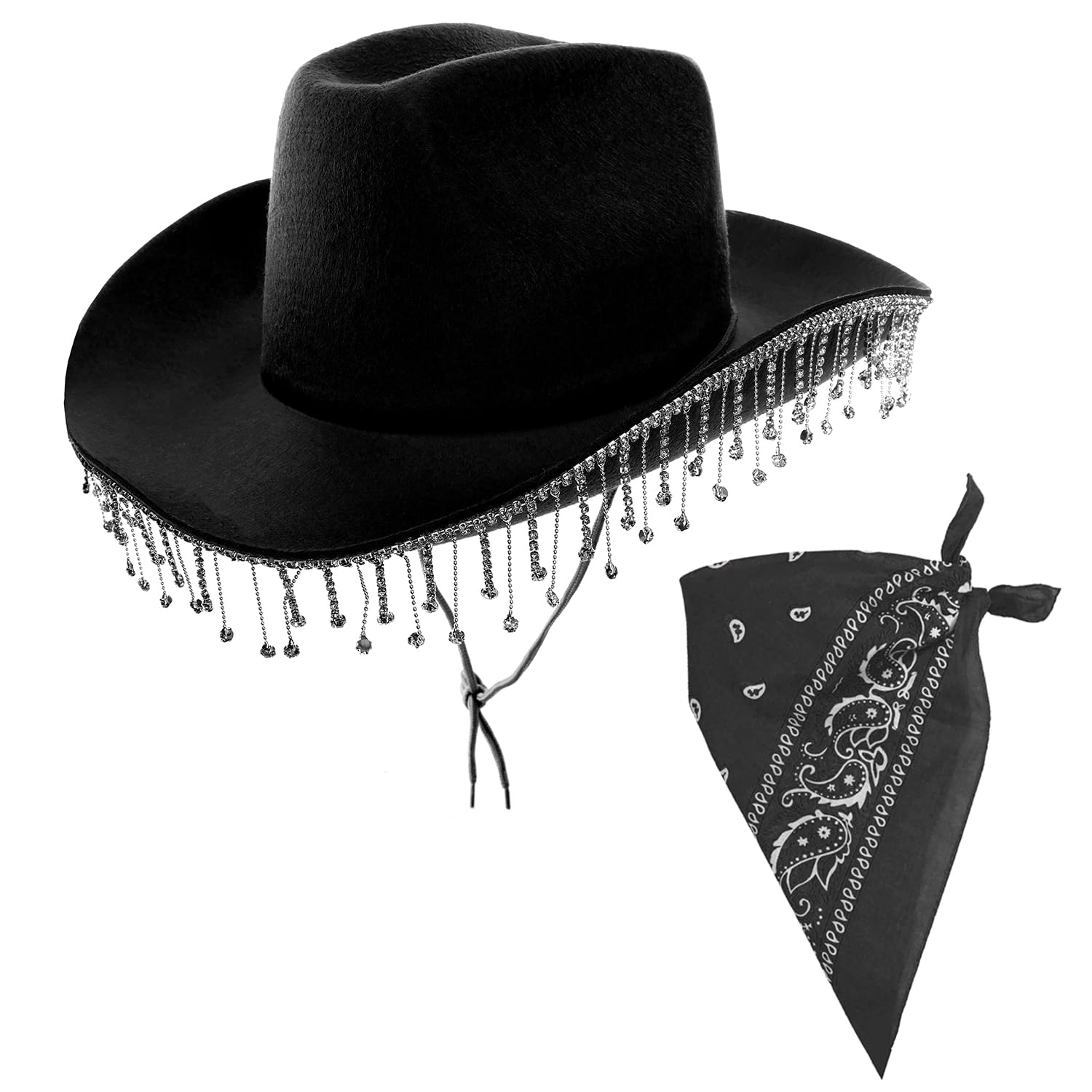 I LOVE FANCY DRESS Diamanté Cowboy Hat & Bandana - Pack of 3 - Black Cowboy Hat with Rhinestone Fringe and Black Paisley Bandana - Adults Hen Party Wild West Costume Accessory Set