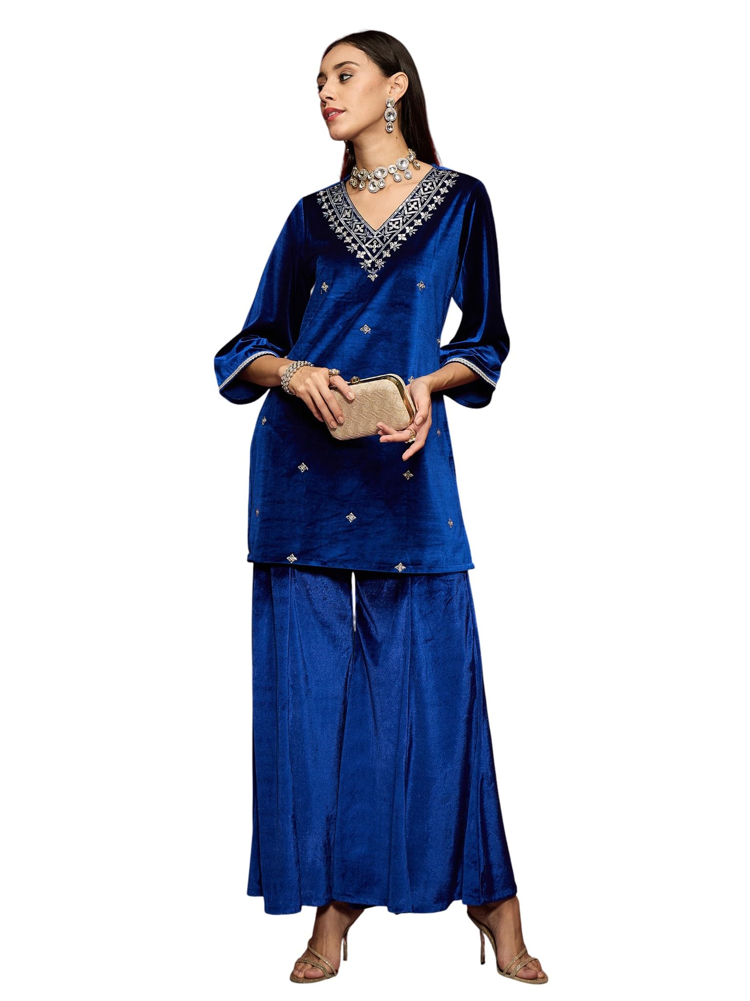 shae by sassafras Women Velvet Emb V-Neck Short Kurta With Palazzos-picture-27