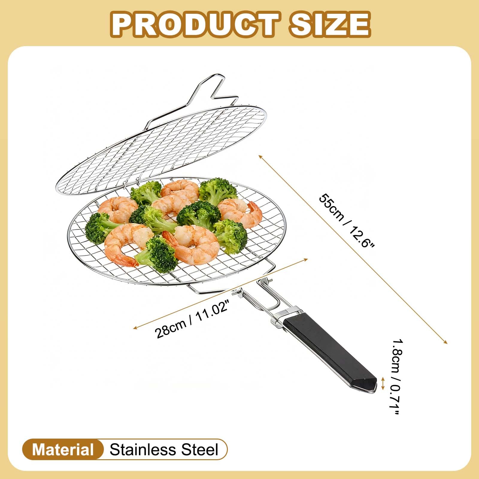sourcing map Griglia per pesce, in acciaio inox, rotonda, pieghevole, portatile, da campeggio, con manico rimovibile, per carne, pesce, verdure