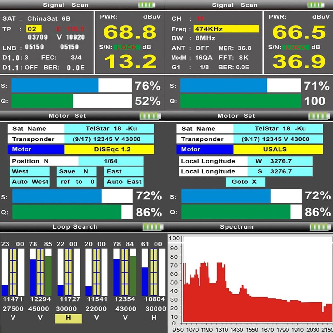Spacetronik Combo Sat Finder Messgerät Digital für DVB-S/S2 DVB-T/T2 DVB-C | Satelliten Finder mit 2,4" TFT LCD Display, Compass, Spectrum Analyzer, DiSEqC Unicable