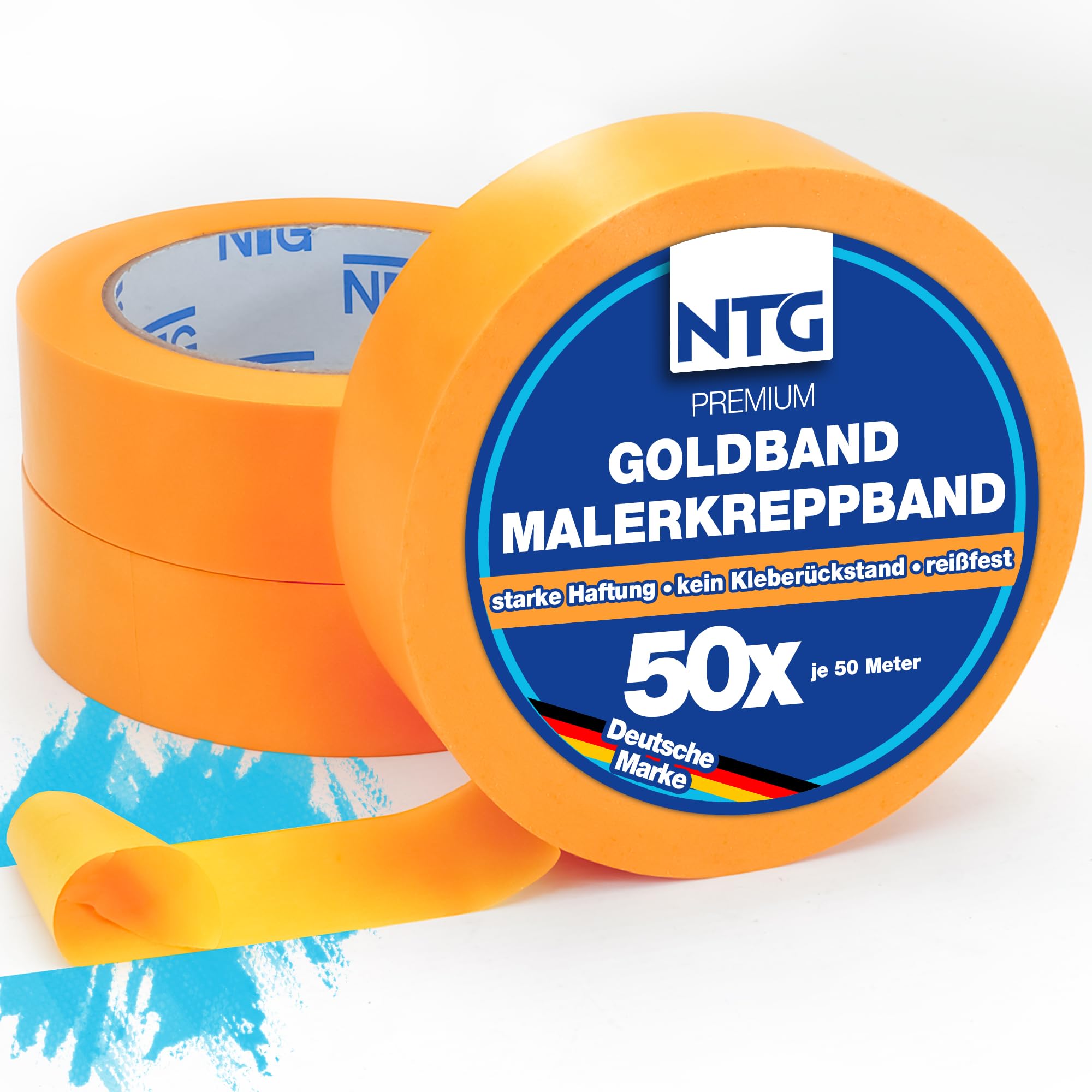 NTG Premium Goldband 50 Rollen 30mm x 50m = 2500m - Malerband Kreppband | Abklebeband - Washi Tape - extra starkes Abdeckband für perfekte Kanten beim Streichen und Lackieren