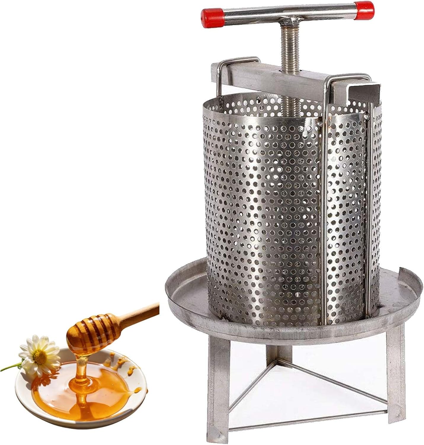 Manual Honey Extractor, 304 Stainless Steel Honey Press Strainer, Heavy-Duty Beekeeping Tool with Perforated Mesh Bucket for Efficient Pure Honey Extraction