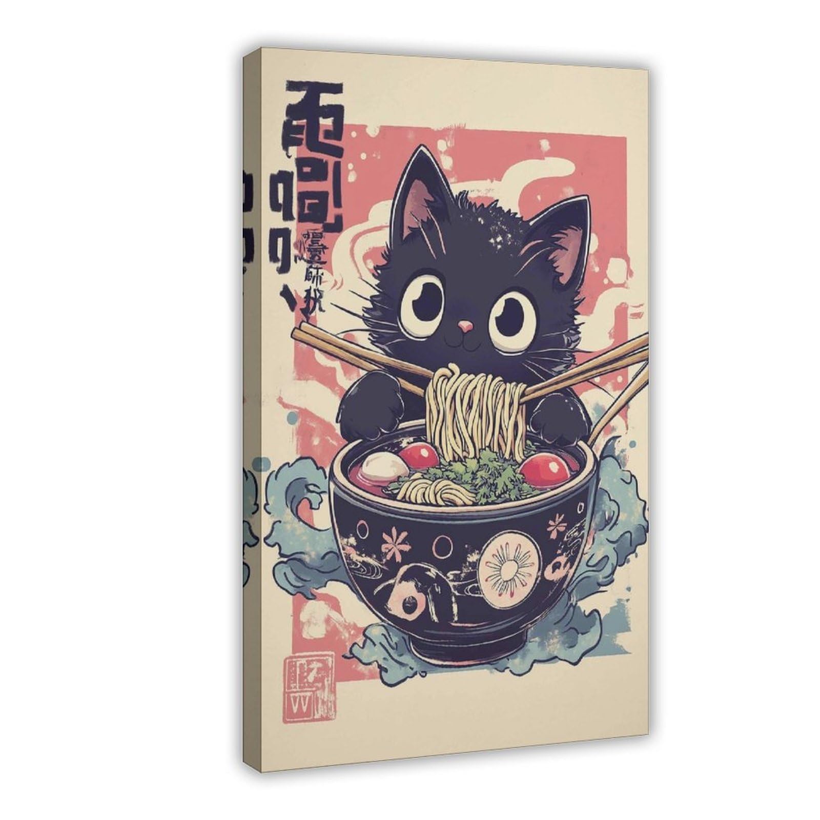 Qnvjqkdsi Frame Black Cat Ramen Poster, Japanese Food Poster Canvas Poster Bedroom Decor Landscape Office Room Decor Gift 24" L X 36" W