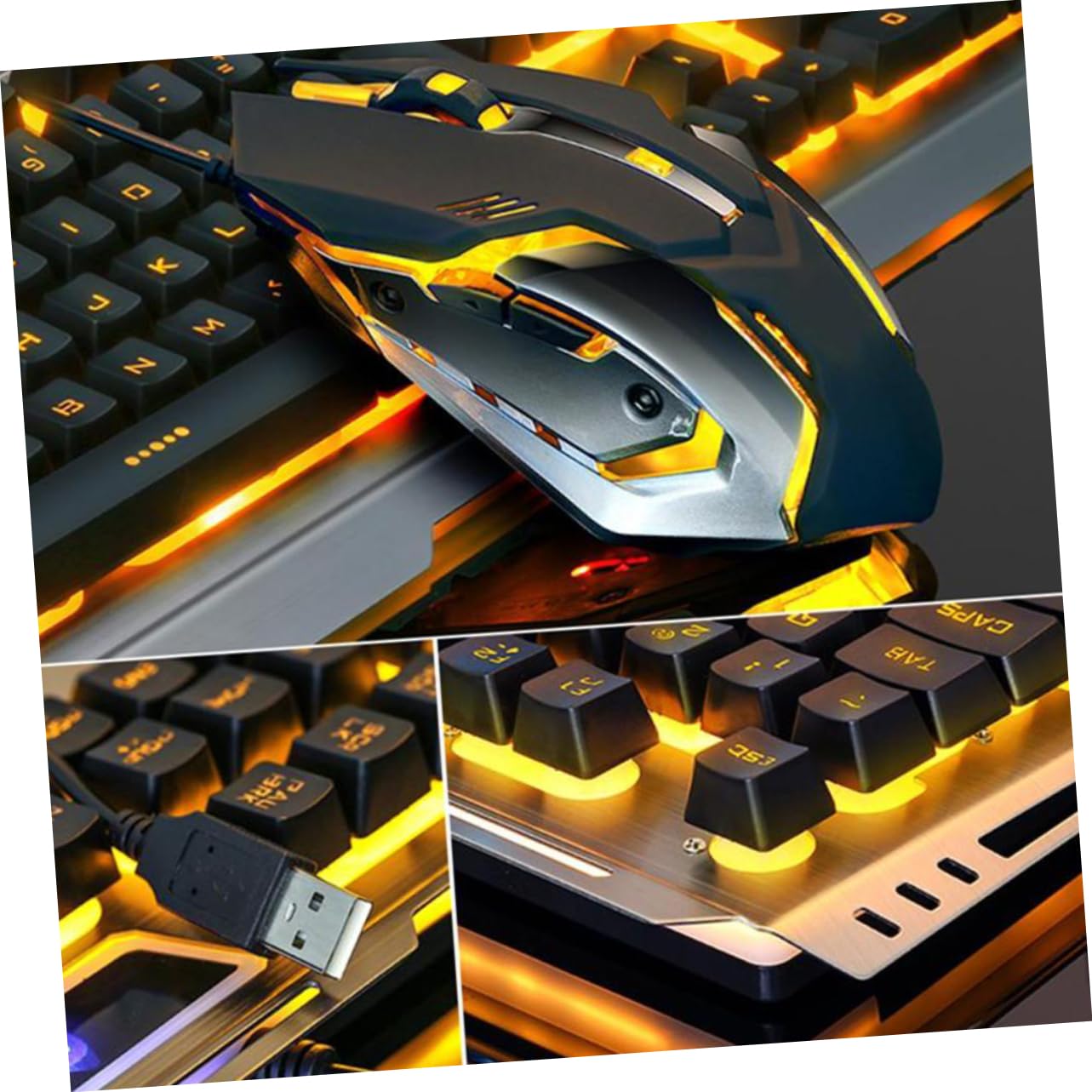 Artibetter Tastiera Meccanica Usb Retroilluminata a Led Gialla Set Mouse Da Gioco Ergonomico, Pulsanti Multimediali Fn, Design Resistente Pannelli Metallici Sabbiati, Per Gamer e Uso Prolungato