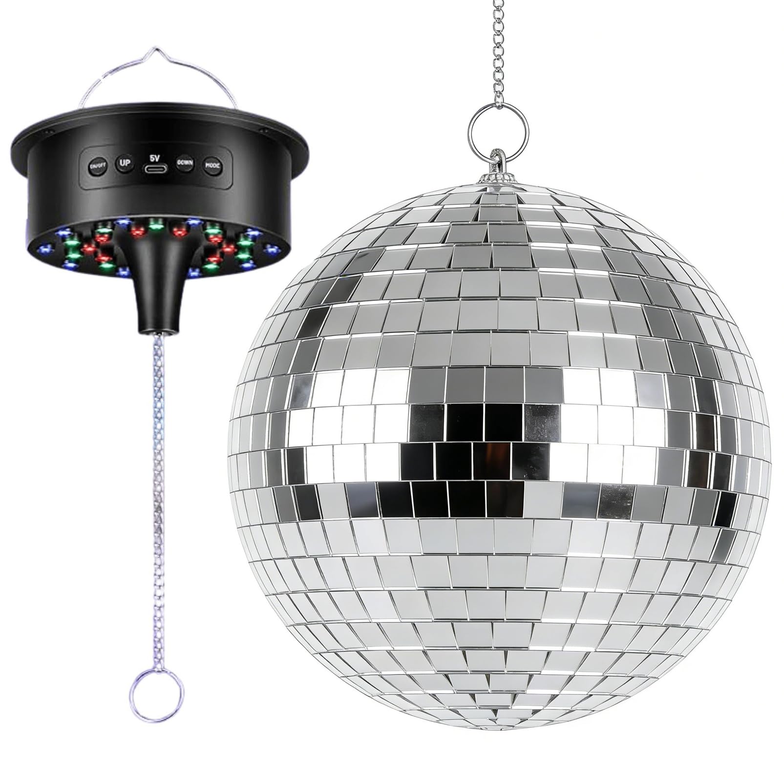 Bola de discoteca con motor y luz, bola de espejo de 20 cm con 30 perlas LED, 6 modos de color, 3 programas, mando a distancia y control de sonido, funciona con USB/batería para fiestas, discotecas