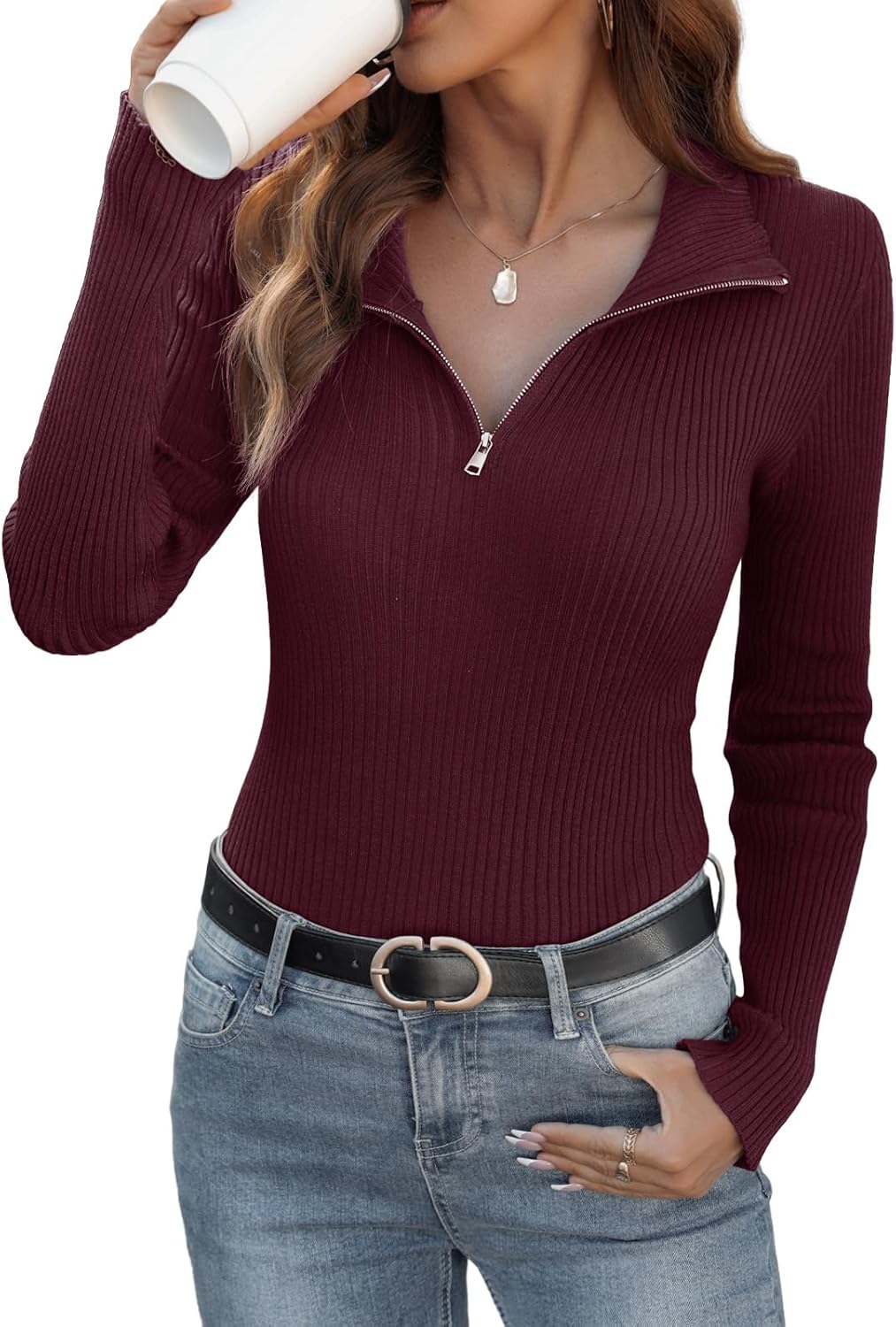 Ninee Womens Sweater Long Sleeve Knit 2025 Fall Quarter Zip Fitted Business Casual Work Warm Pullover Tops