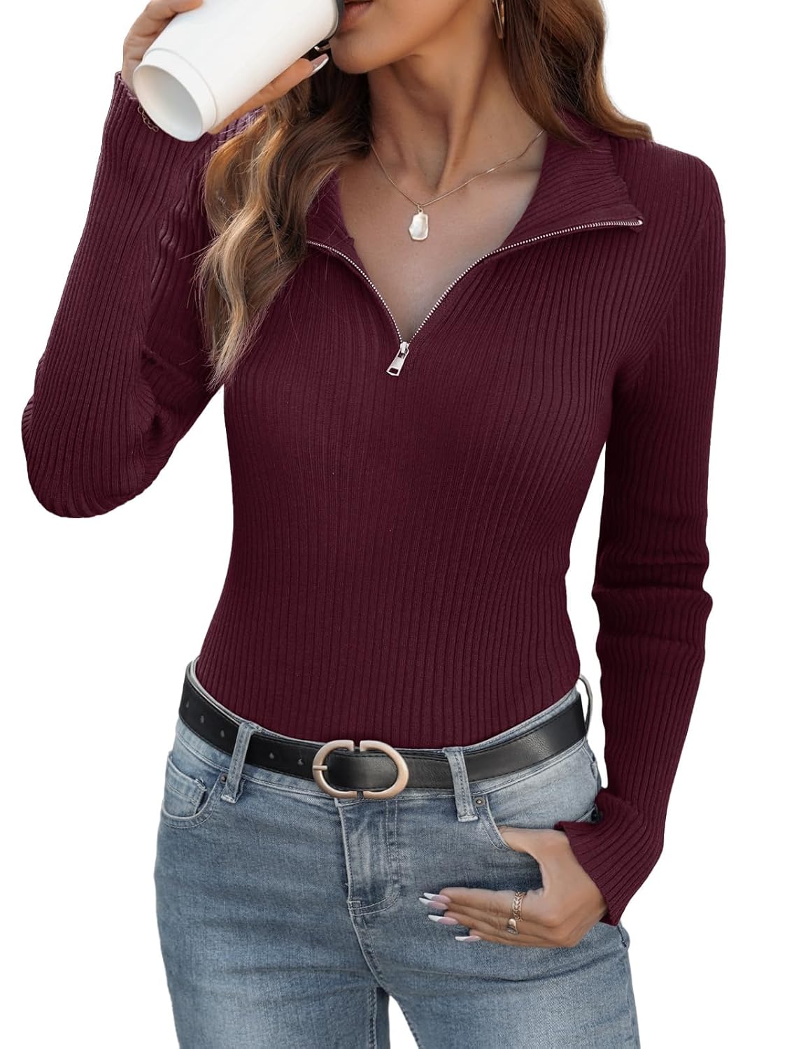 Ninee Womens Sweater Long Sleeve Knit 2025 Fall Quarter Zip Fitted Business Casual Work Warm Pullover Tops