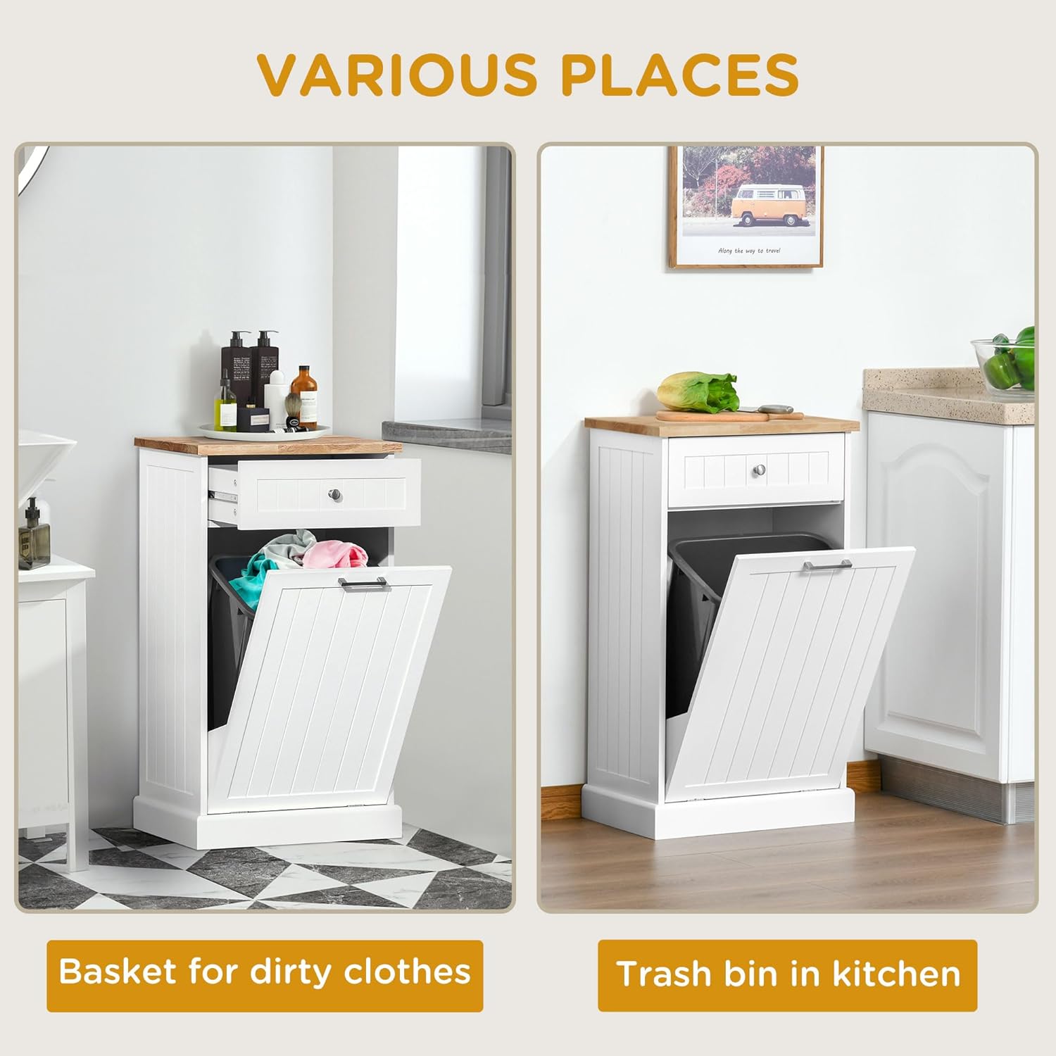 White Oak Kitchen Pull-Out Trash Can Holder Cabinet with Drawer