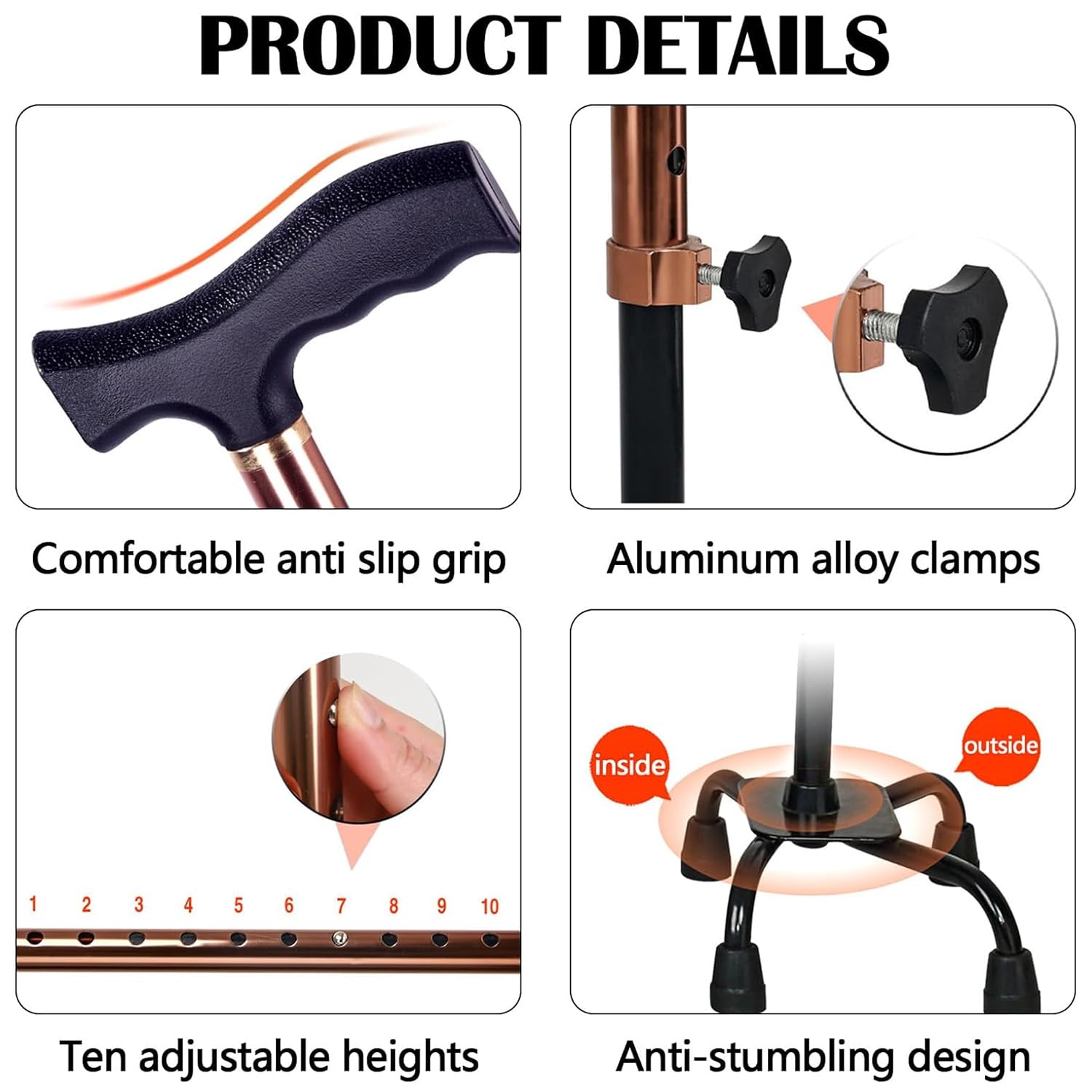 TsoLay Muletas De Cuatro Patas, Bastón De Aluminio para Subir Escaleras con Asa Lateral Y Base De 4 Patas, 10 Alturas Ajustables 62-85cm, Capacidad De Carga 100kg, para Ancianos
