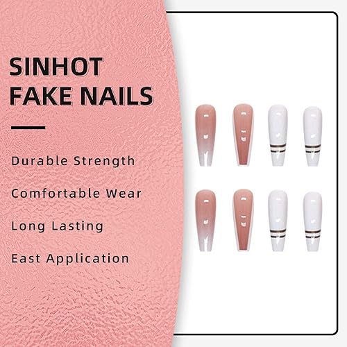 Miniatura 5 de SINHOT Uñas postizas cuadradas largas a presión, uñas postizas de punta francesa, uñas acrílicas cuadradas con pegamento brillante, diseño de líneas