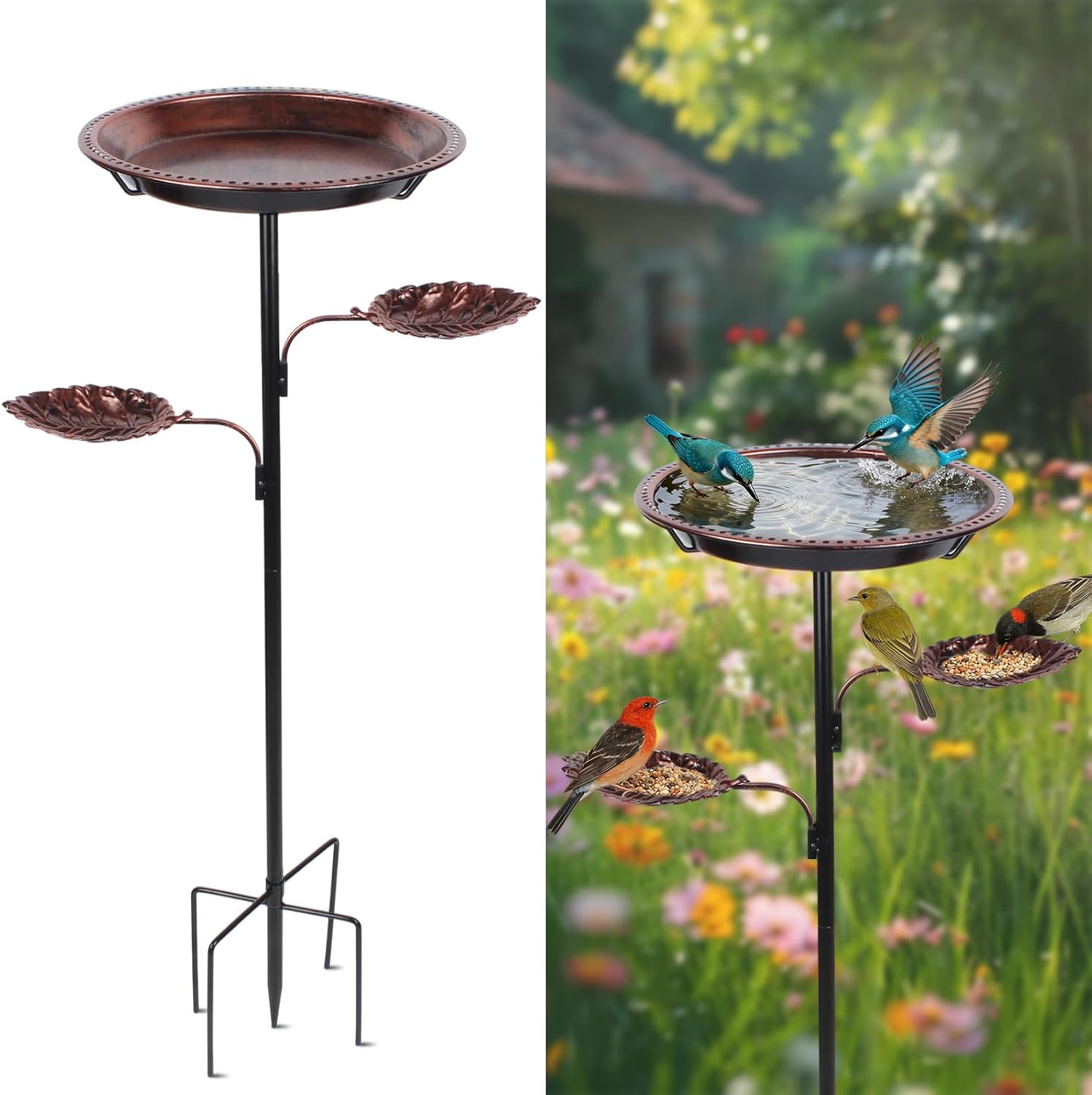 Metal Bird Bath for Outside, 37" Height Garden Birdbath, Weather Resistant Bird Bath Feeder Bowl for Outdoors with Upgraded 4-Pronged Base, for Patio Yard Lawn Decor，Easy to Install (Red Copper)