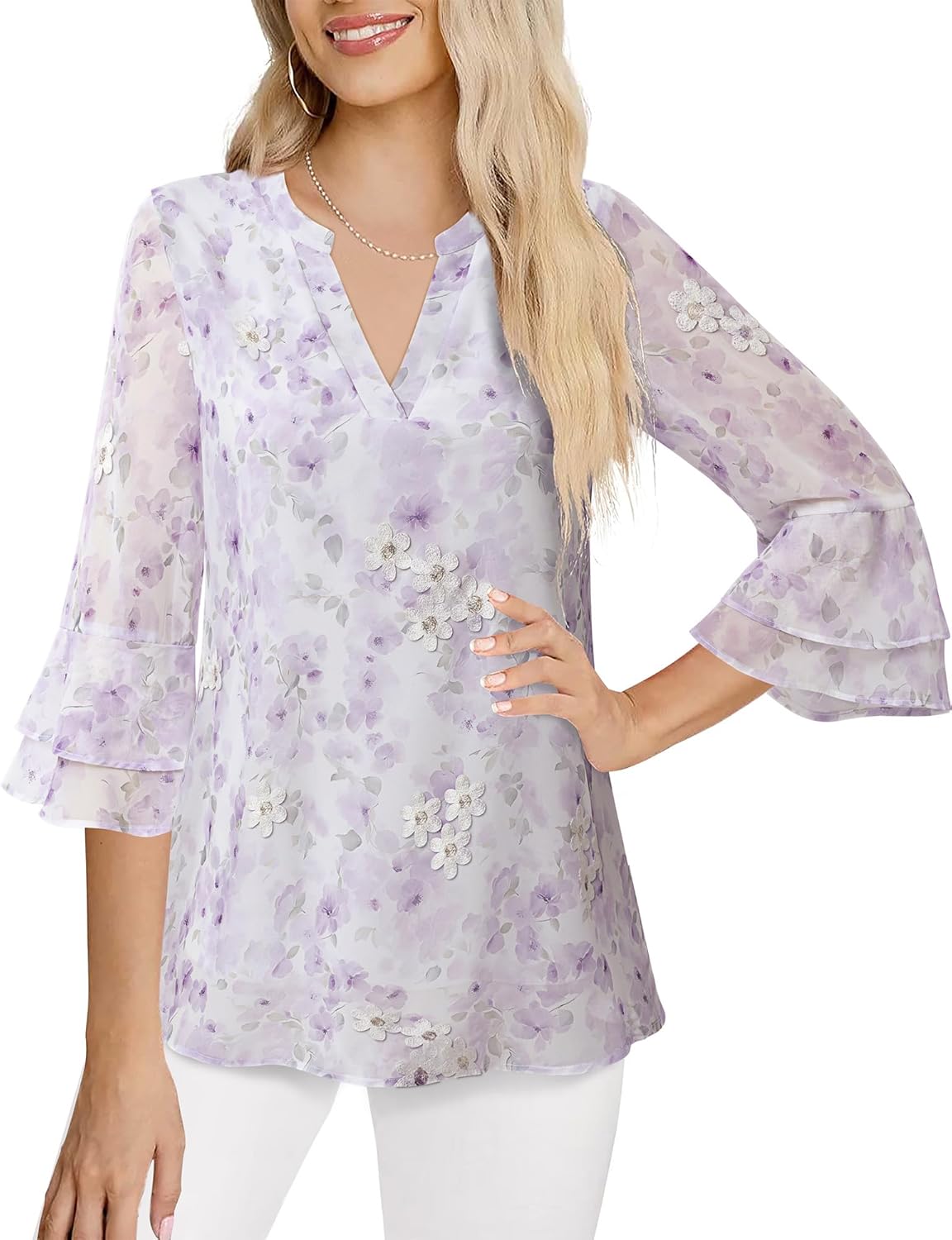 Lotusmile Womens Tops Dressy Casual 3/4 Tiered Bell Sleeve Blouses Double Layered Chiffon Work Tunic Shirts - Image 4