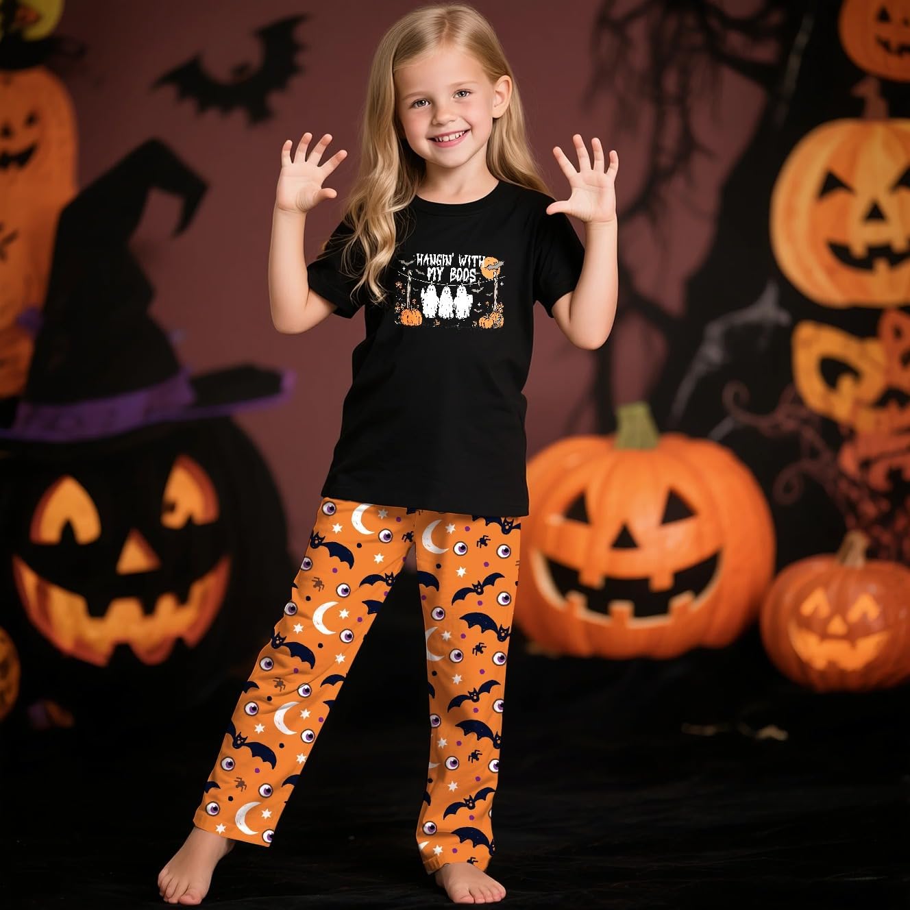 Halloween Family Pajamas Sets Pumpkin Print PJs Sets Pjs Matching for Couples Men and Women Shirts and Pants