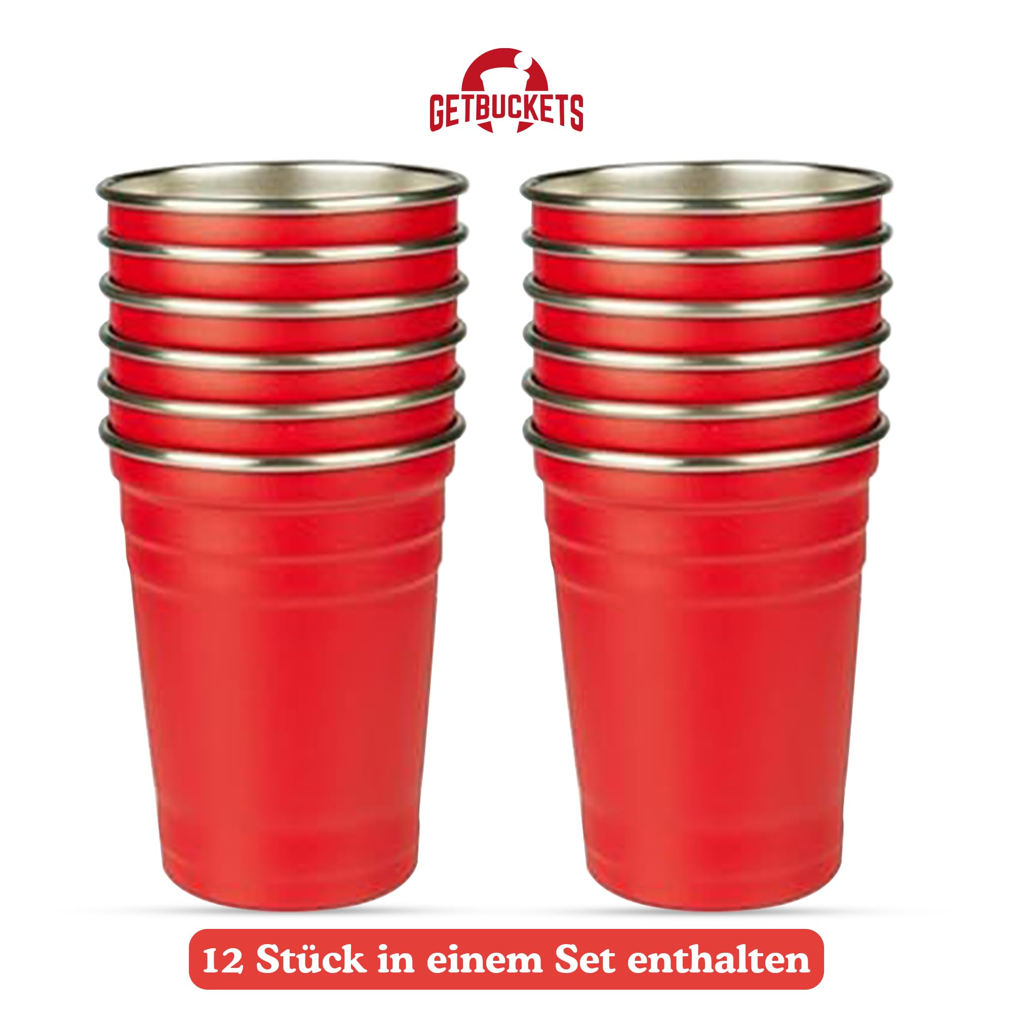 GetBuckets® Lot de 12 gobelets à bière pong - Passe au lave-vaisselle - Dimensions d'origine et en acier inoxydable - 473 ml.