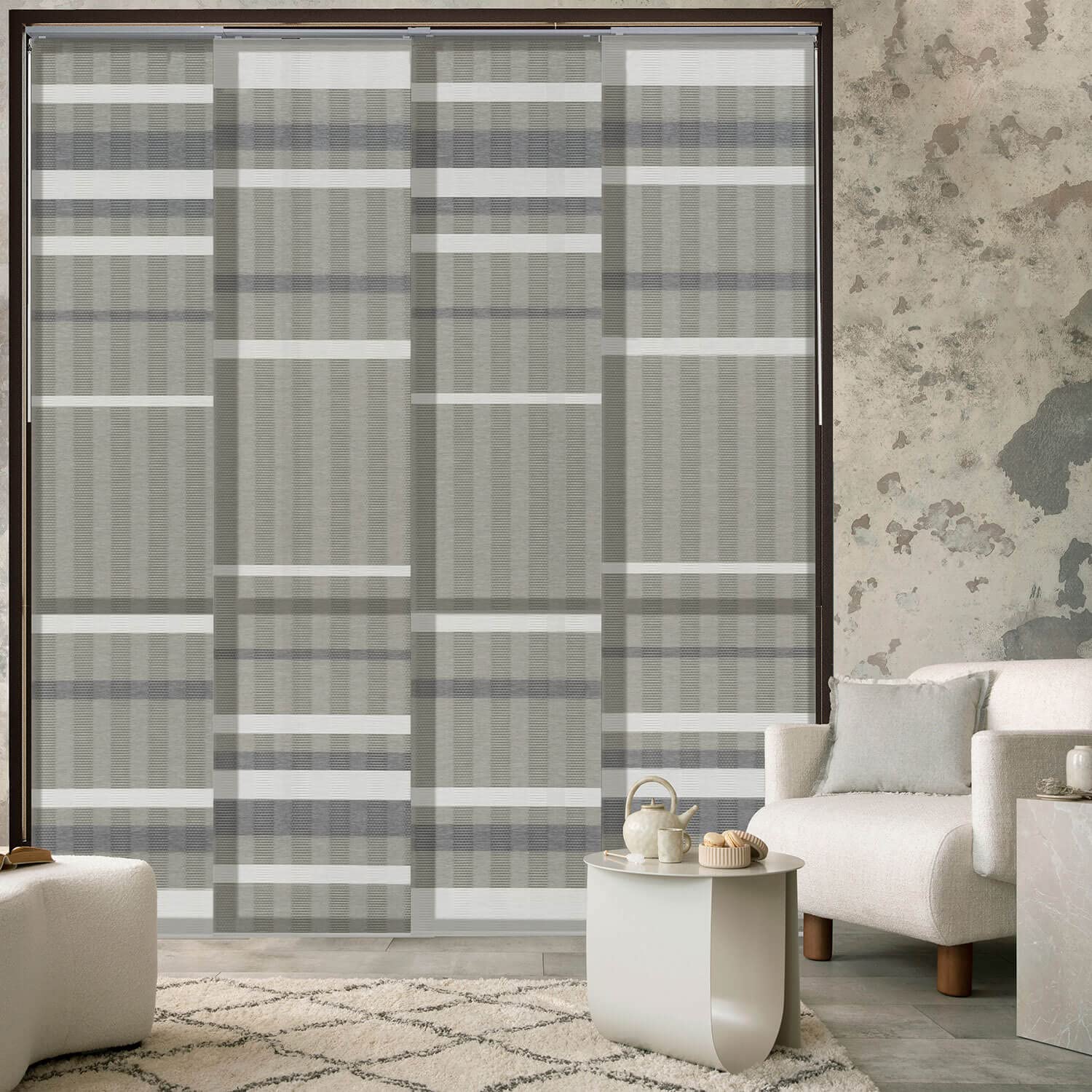 GoDear DesignDeluxe Adjustable Sliding Panel Track Blind 45.8"- 86" W x 96" H, Extendable 4-Rail Track Sliding Door and Window Blind, Trimmable Natural Woven Fabric Vertical Shade, Dusty Miller