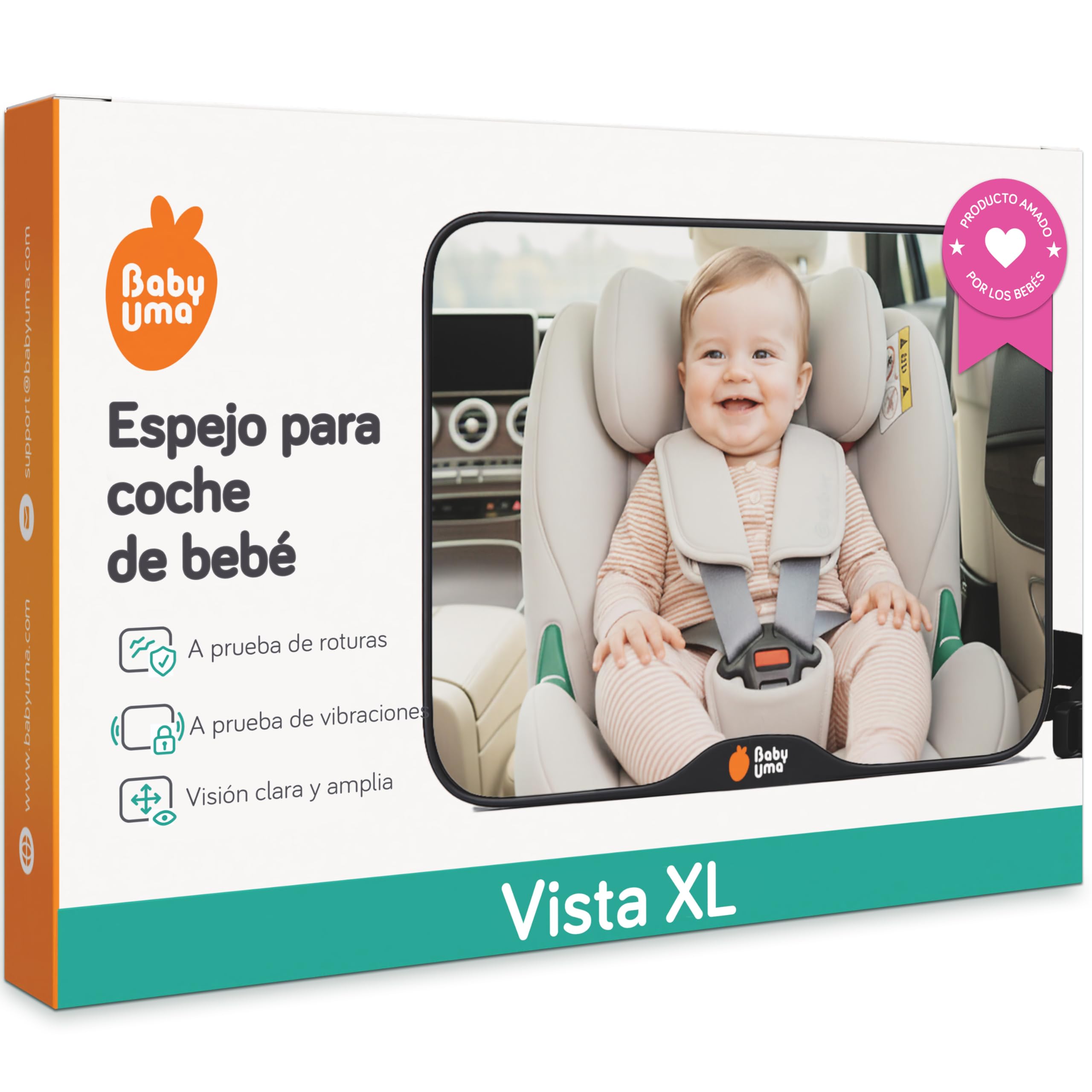 Espejo Coche Bebe Asiento Trasero Baby Uma - Vista Clara y a Prueba de Roturas para el Asiento Trasero, Espejo Bebe Coche, Fácil de Poner y Quitar con Hebillas Ajustables (24 x 16 cm)