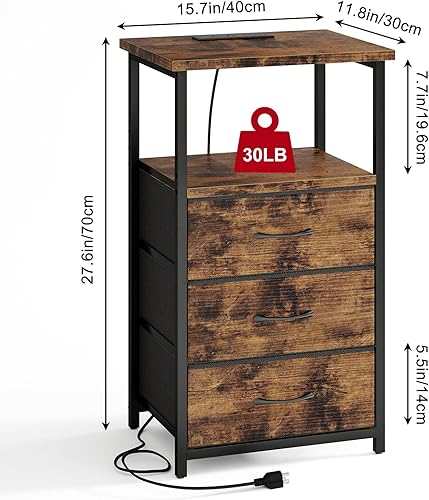 Miniatura 3 de Fixwal Mesita de noche con 3 cajones de tela, mesita de noche para dormitorio, mesita de noche con estación de carga, mesa auxiliar con Marrón