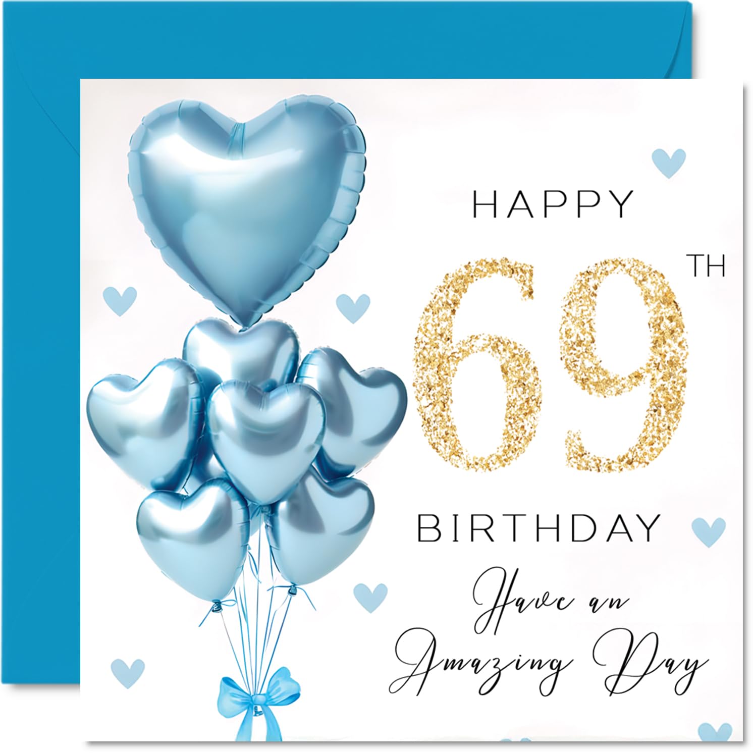 69th Birthday Cards for Men - Blue Glitter Balloons - Happy Birthday Card for 69 Year Old Man Neighbour Cousin Grandad Dad, 145mm Bday Greeting Cards
