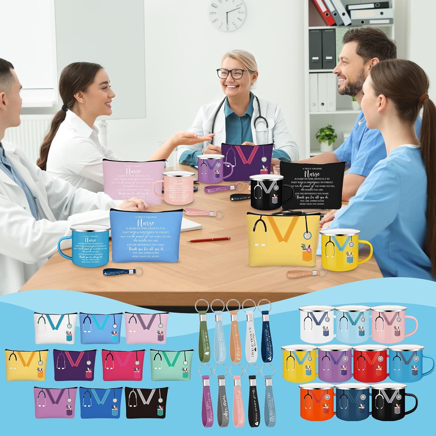 Hushee 30 Pcs Nurse Gift Nurse Appreciation Week Gift 2026 Include 12 Oz Enamel Mug Stethoscope Sign Designs Makeup Bag Silicone Keychain for Nursing Medical Assistant Thank You Stuffer (Classic)