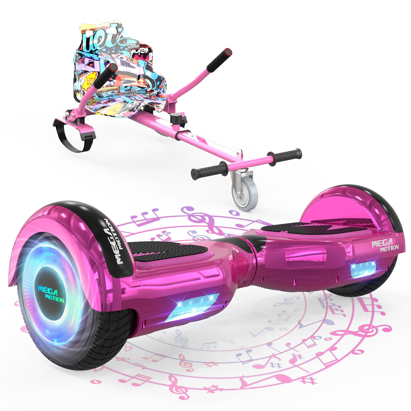 MEGA MOTION Hoverboard Go Kart, Hoverboards with Hoverkart for kids, 6.5 Inch Two-Wheel Self Balancing Hoverboard with Bluetooth Speaker, with LED Lights, Gift for Children and Teenager โ image 1
