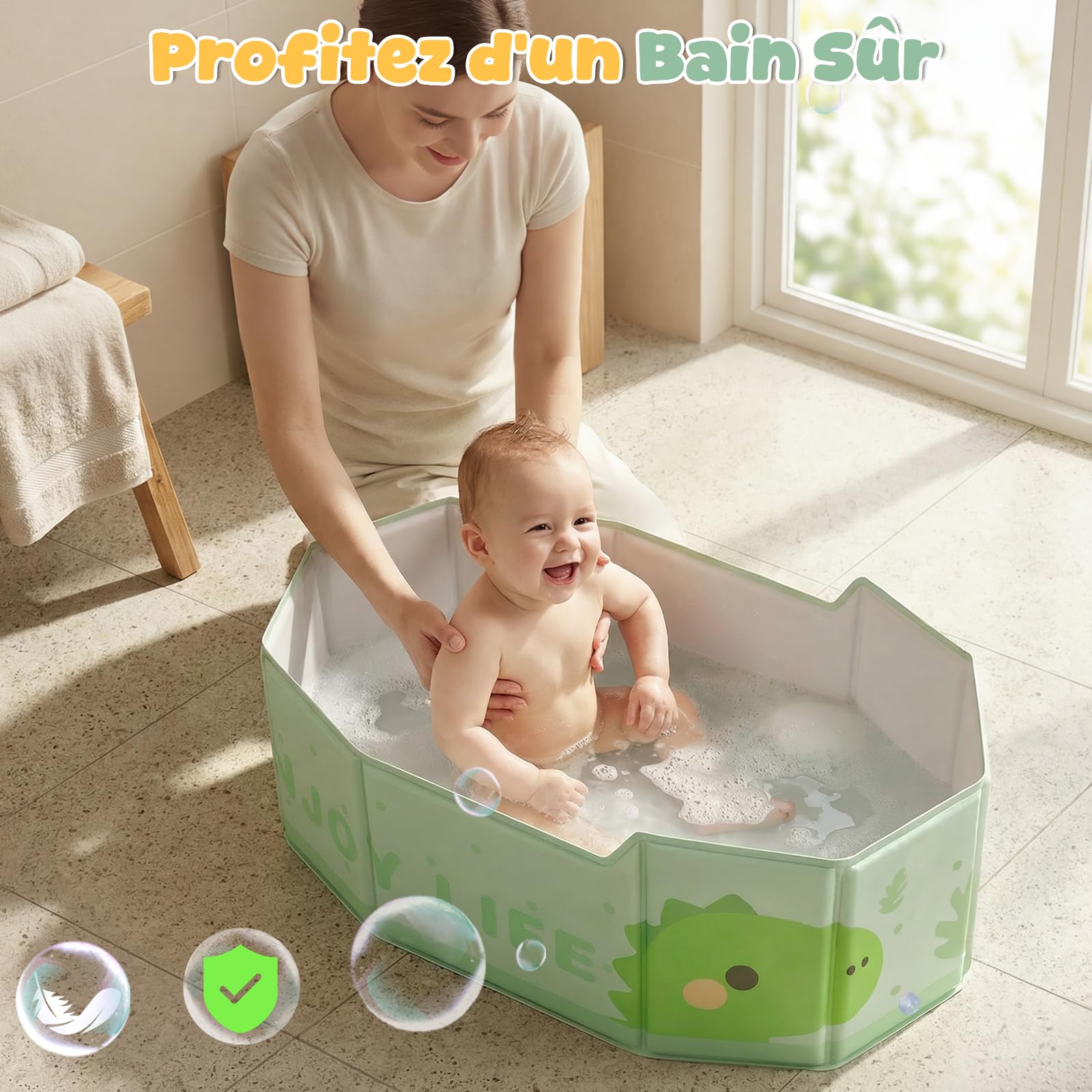 Orzbow Baignoire Pliable Bébé, Grande Baignoire avec Base Antidérapante, Vert, 6 Mois à 6 Ans