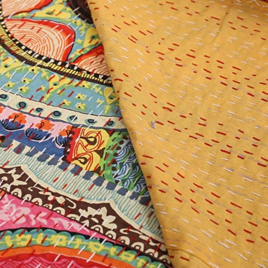Cotton Printed Patchwork Indian Kantha Quilt Handmade Bohemian Multicolor Blanket India Bedspread Bedding (60 X 90 Inches)
