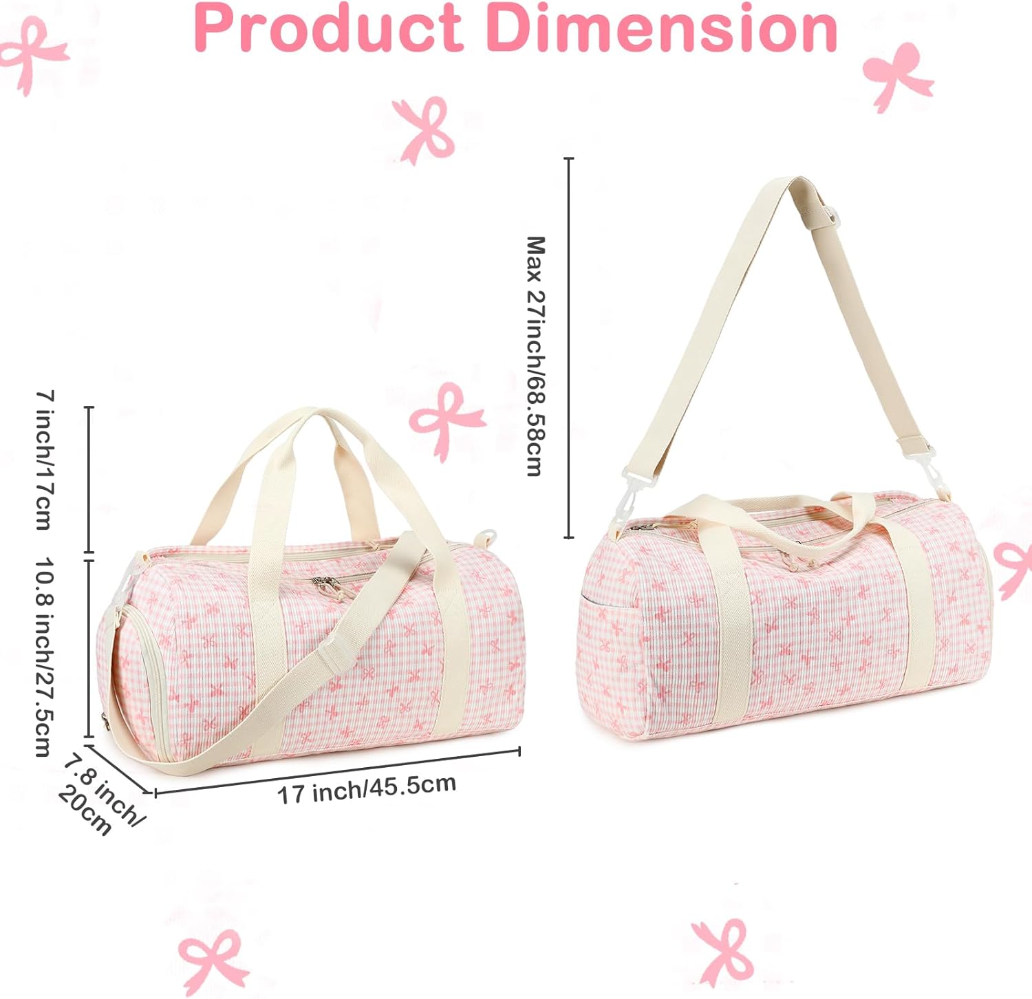 LEDAOU Kids Duffle Bag Girls Overnight Travel Sport Gym Bag Weekender Carry On Shoulder Dance Bag with Shoe Compartment & Wet Pocket (Pink Bow Checkered) - Image 7