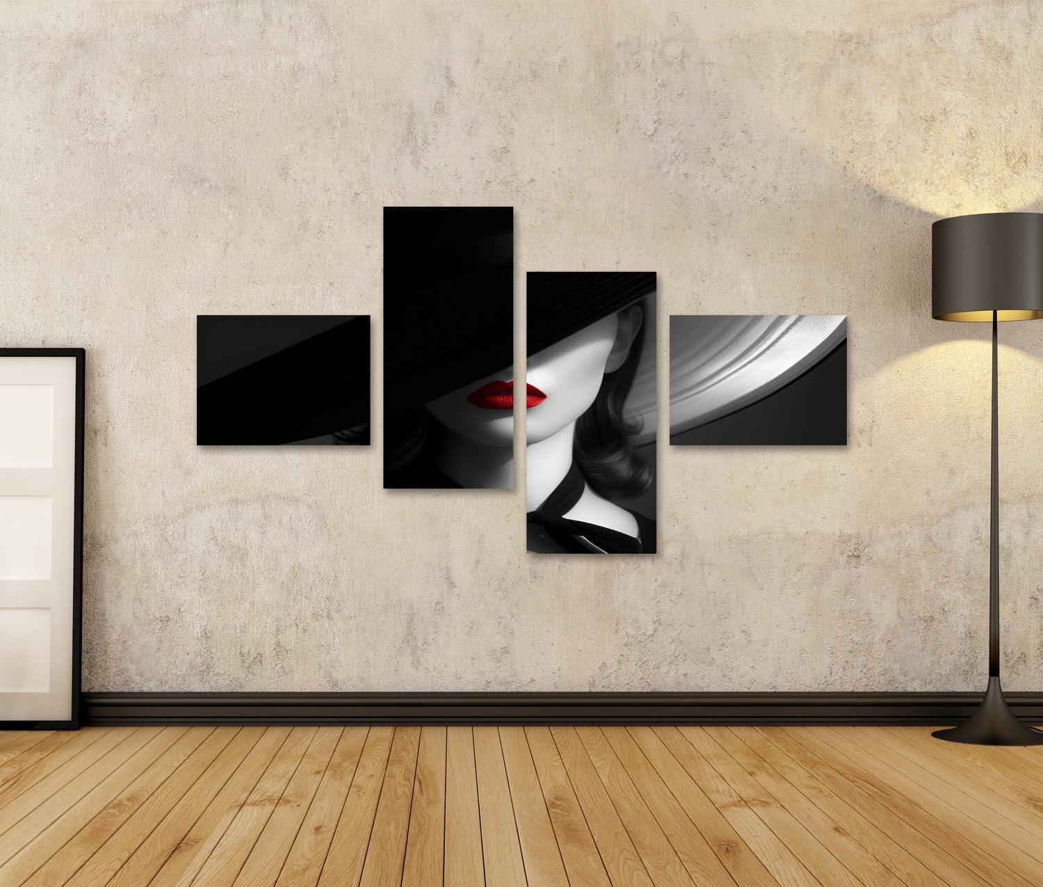 islandburner Tableau sur toile Femme avec chapeau noir et lèvres rouges sur fond sombre Images murales Poster