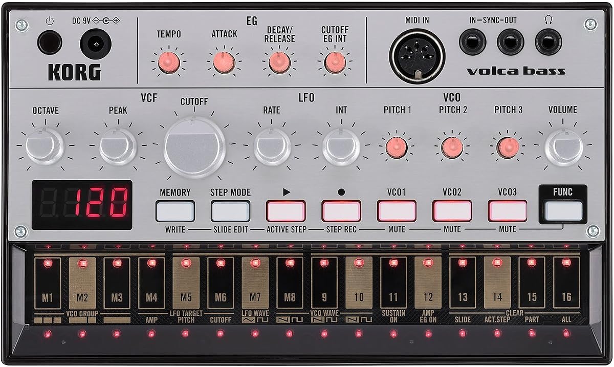 Sintetizador analógico de bajo Korg Volca con tres osciladores y secuenciador de 16 pasos