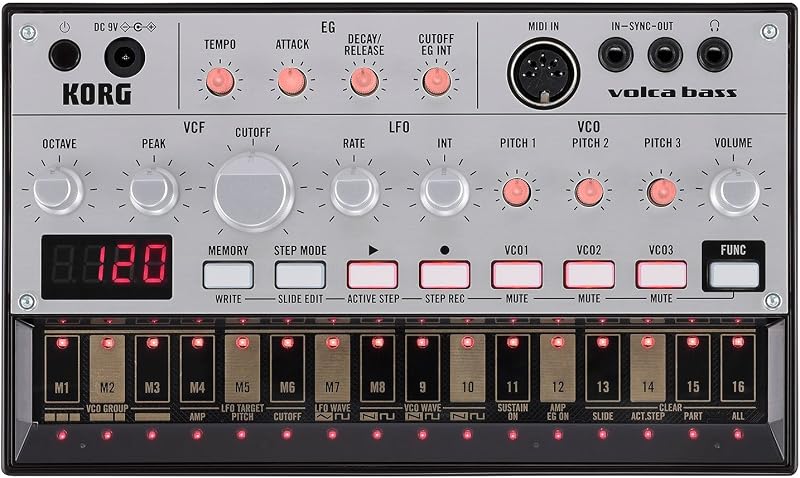 Sintetizador analógico de bajo Korg Volca con tres osciladores y secuenciador de 16 pasos