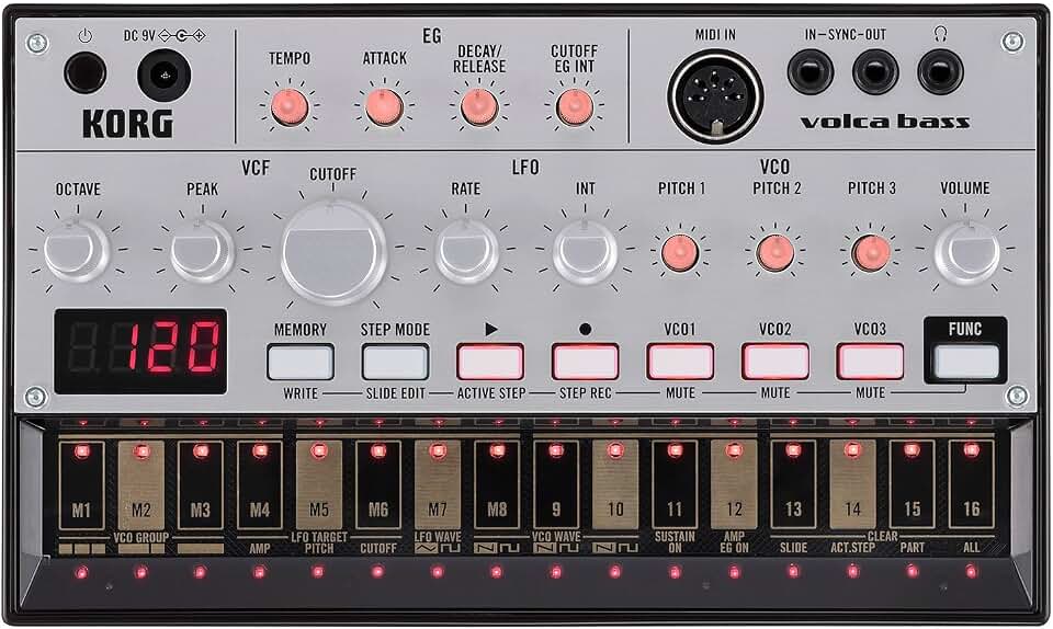 KORG Volca Bass Analog Synthesizer w/Three Oscillators and 16-step Sequencer
