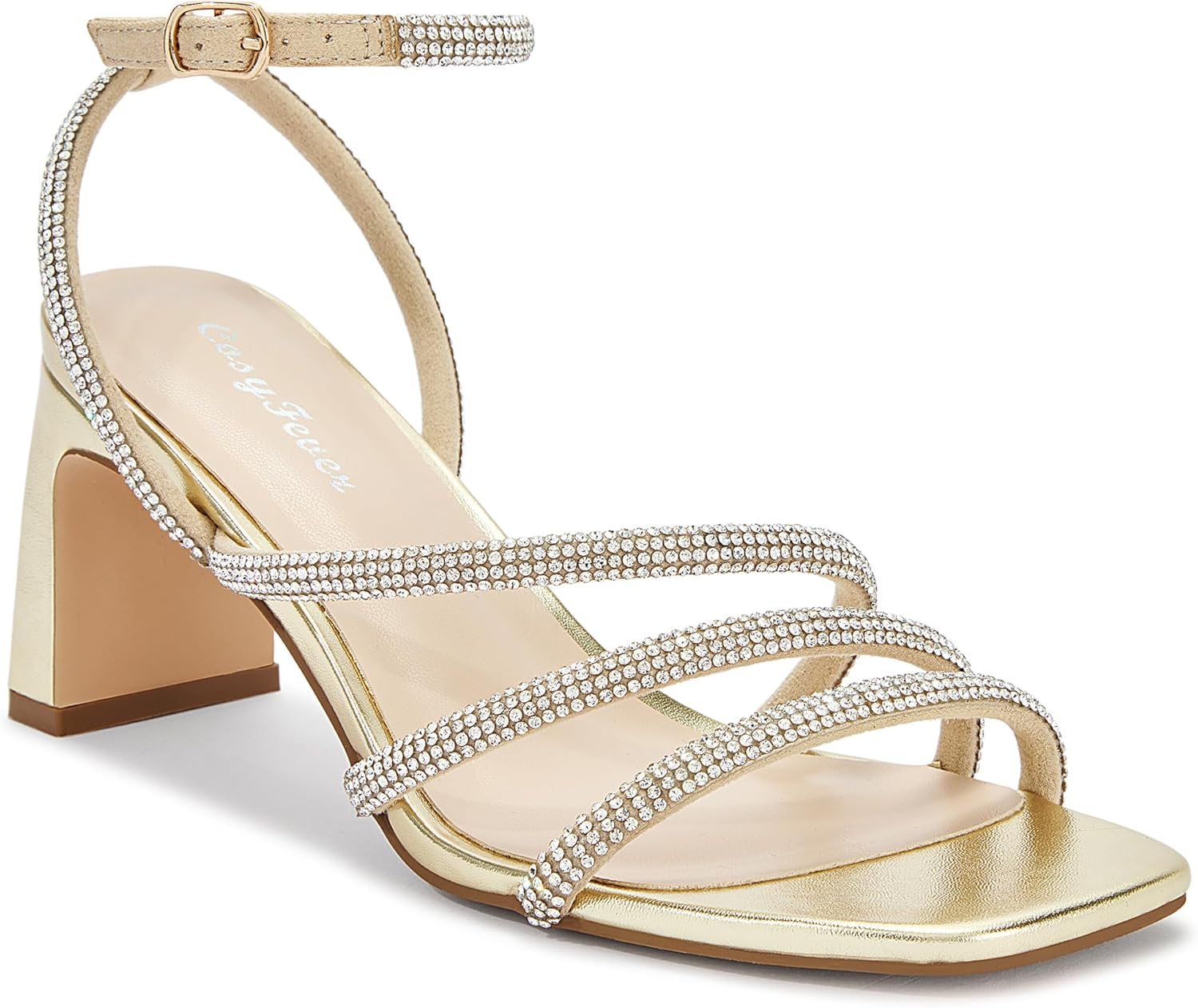 Womens Rhinestone Heels, Square Toe Ankle Strap Block Heel Dress Shoes for Wedding & Party