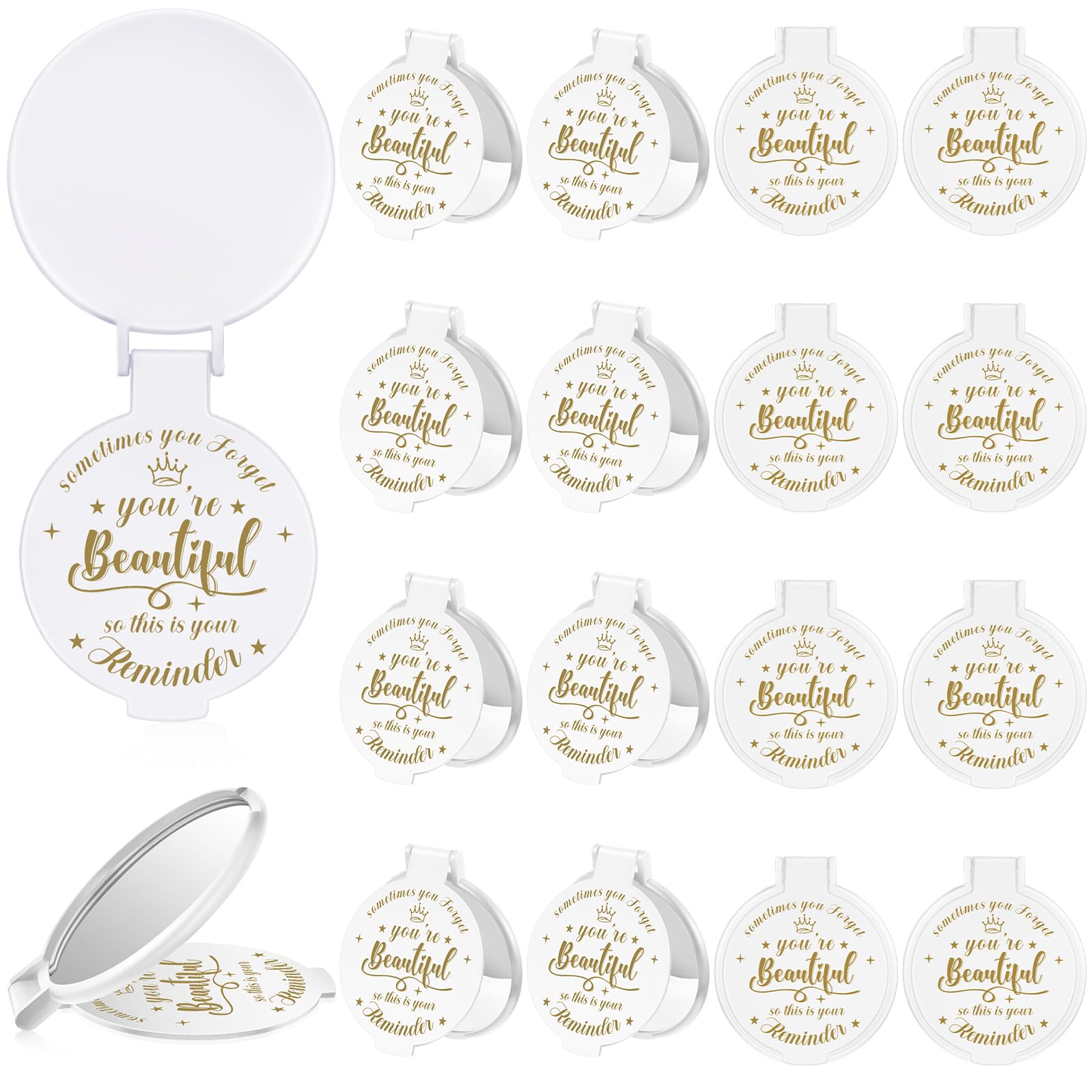 18 Pcs 2.76 Inch Inspirational Compact Mirror Bulk Party Favors Quinceanera Gift Purse Small Mirror Pocket Mini Gifts for Women Adult Coworker Halloween Christmas Friends (White)
