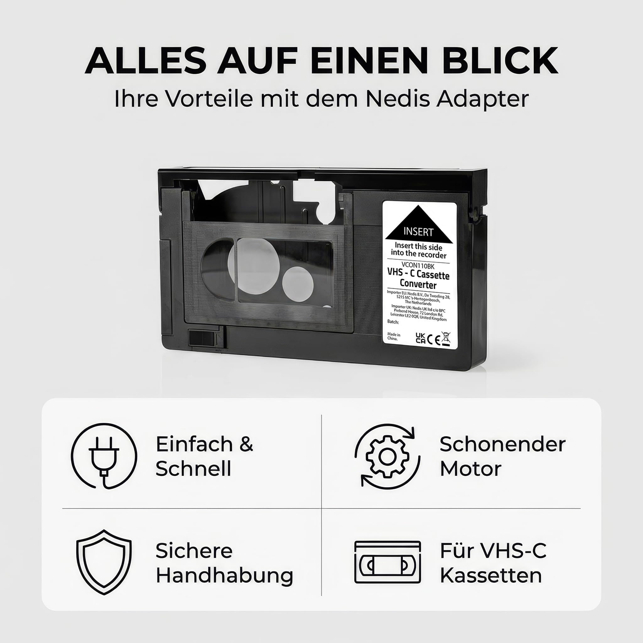 Nedis VHS-Konverter - Konvertierung: VHS-C auf VHS - Plug & Play - Schwarz