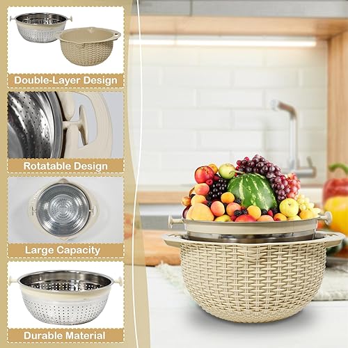 Miniatura 4 de Juego de colador 4-1 con tazón para mezclar, esenciales de cocina para lavar, rebanar y amasar, hilandero de ensalada, colador de pasta, lavadora de