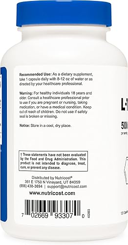 Miniatura 11 de Nutricost L-triptófano 500 mg, 120 cápsulas - con bioperina, sin gluten, sin OMG