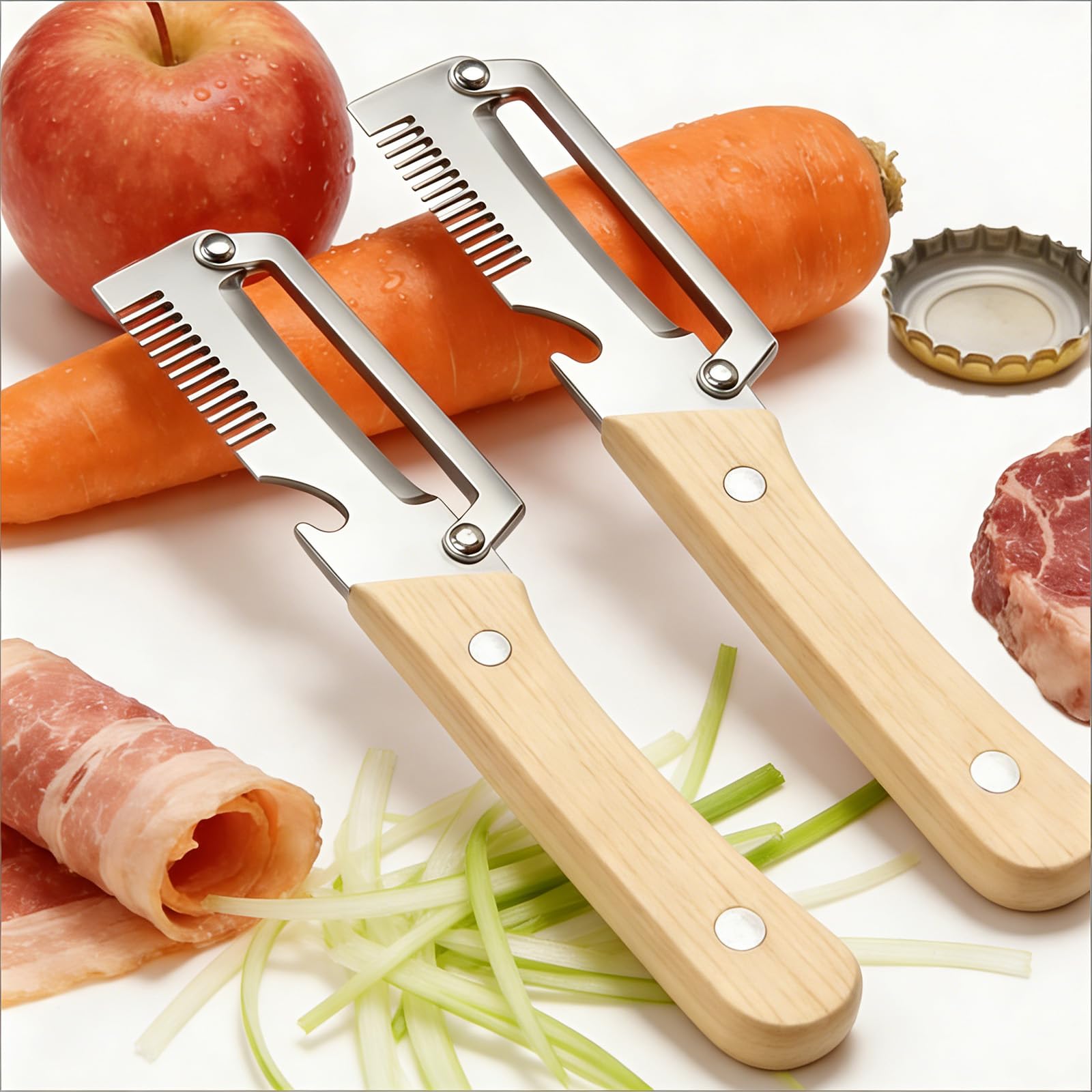 2026 New 4 in 1 Multifunctional Vegetable Peeler with Wooden Handle, Wooden Peeler, Ultimate Kitchen Tool for Fruit,Vegetables, Meat Slicing, Green Onion Shredding & Bottle Cap Opener (2pcs)
