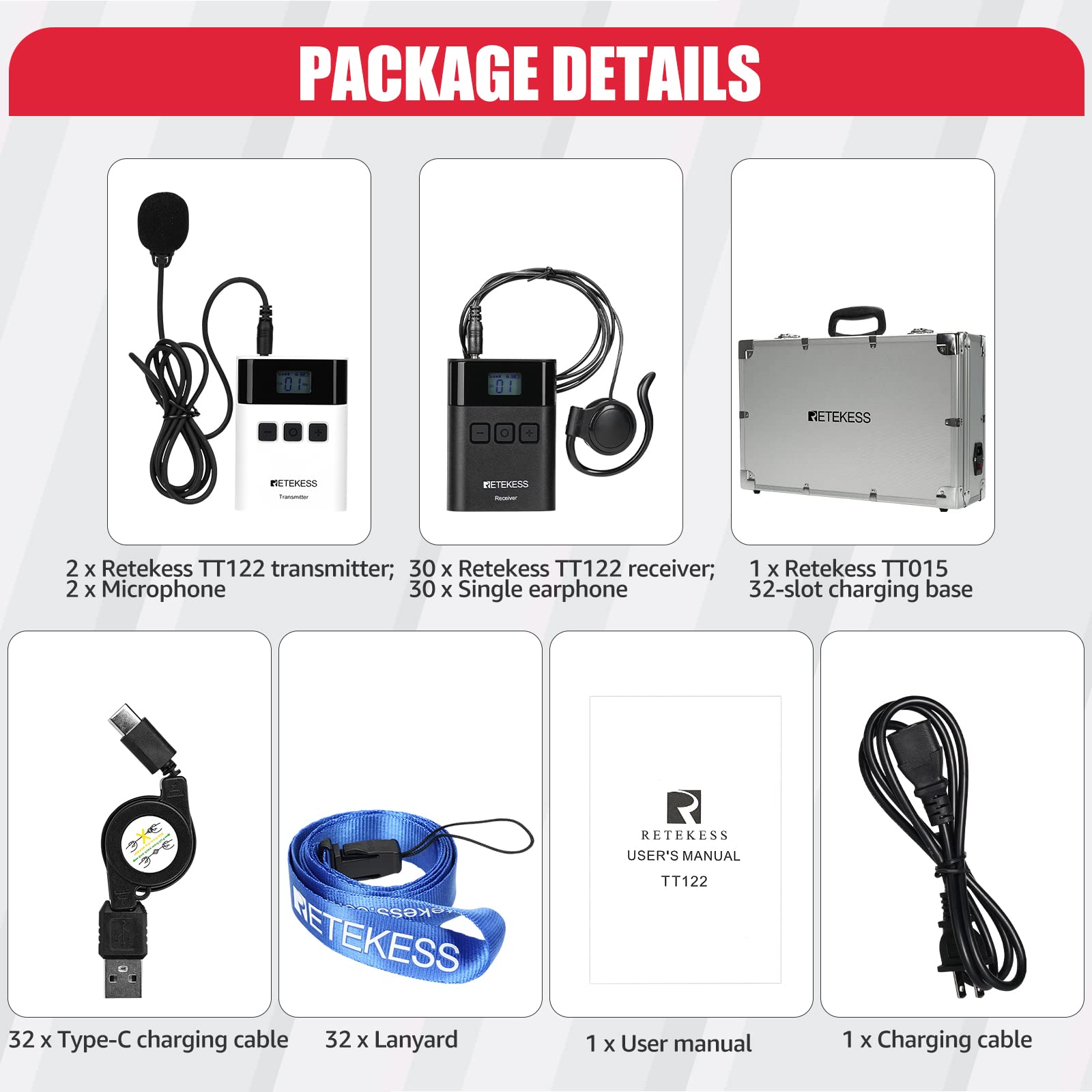 Retekess TT122 Sistema di Guida Turistica, 150m, 2.4G, 1500mAh Audio Wireless Apparecchiatura di Traduzione a 36 Canali, con Scatola di Ricarica a 32 Slot TT015 per Fabbrica, Turismo, Conferenza