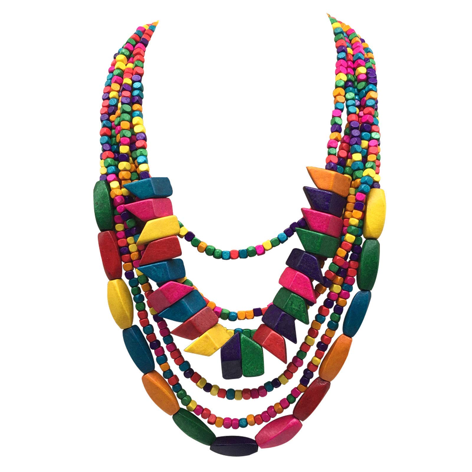 JHWZAIY Statement Multicolor Wood Bead Chunky Layered Necklace for Women - Multi Layer Color Wooden Beaded Bib Long Strand African Fashion Jewelry Costume