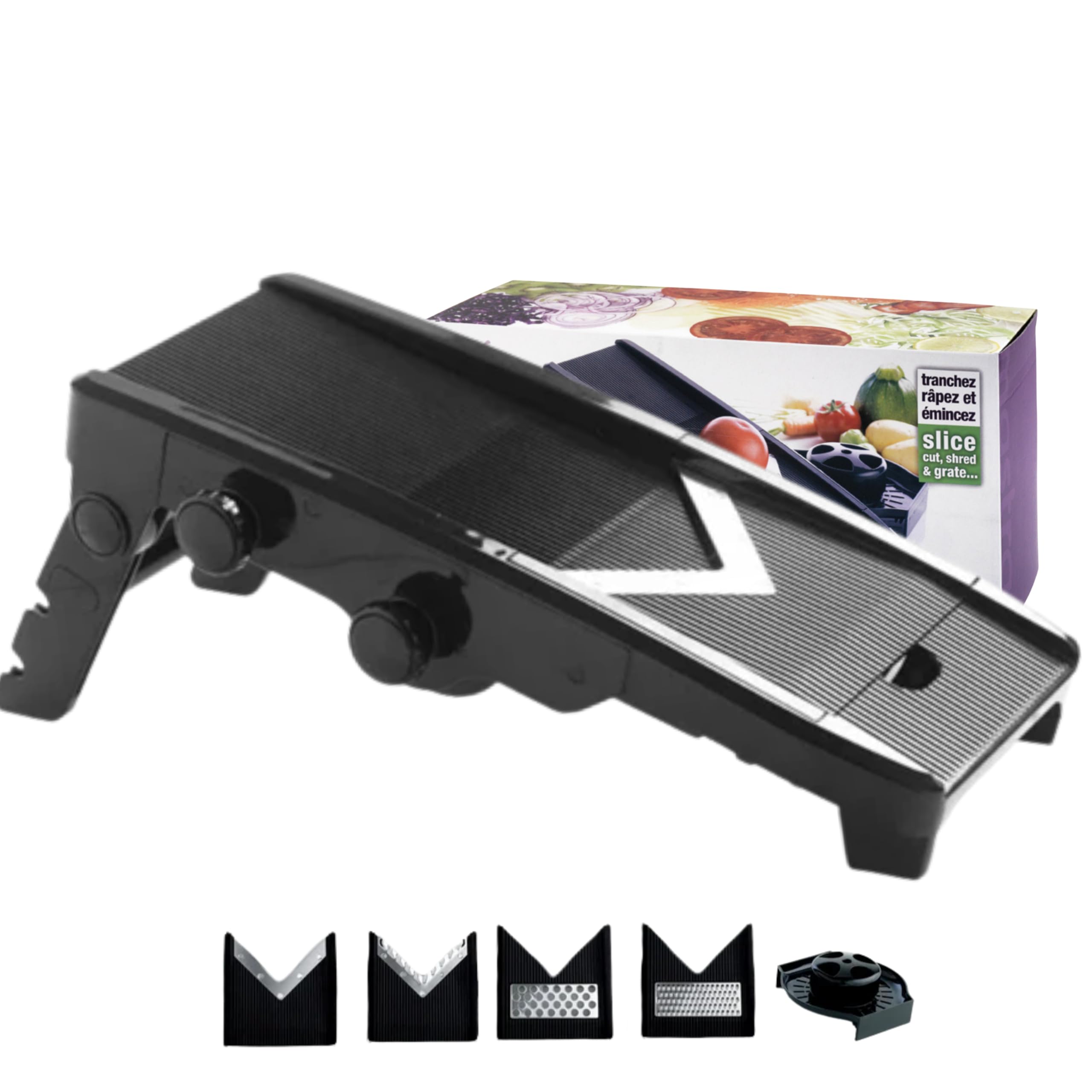 Mastrad - Mandoline Multi-Lames en V – Coupe-Légumes 6 Lames Inox – Épaisseur Réglable 1 à 9 mm – Trancheur, Râpe, Coupe Frites – Garde de Sécurité