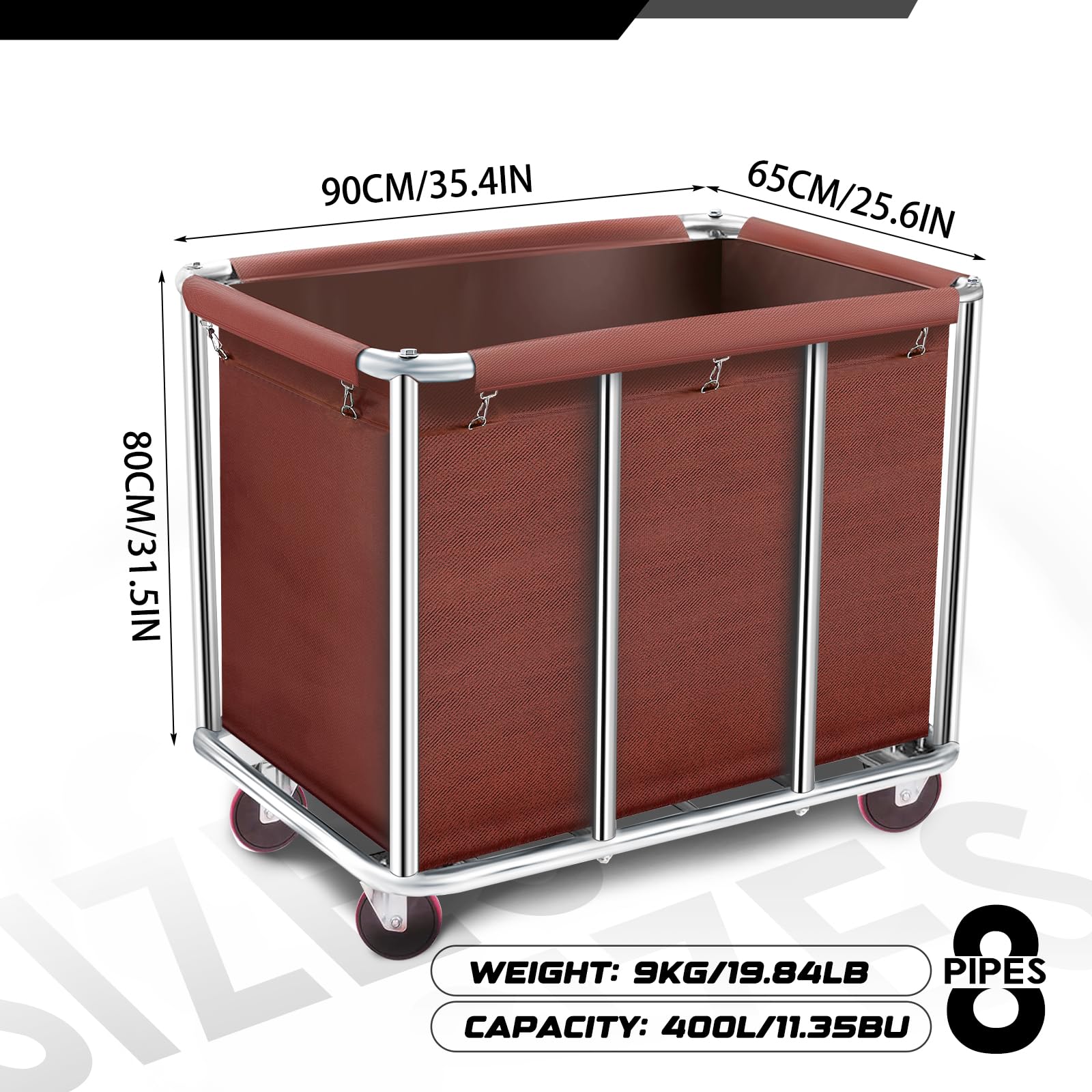 Carrello per lavanderia commerciale, 400 l, grande, in acciaio pesante, resistente e inodore, con ruote e fodera in tela rimovibile, per Lndustrial/casa (colore marrone)