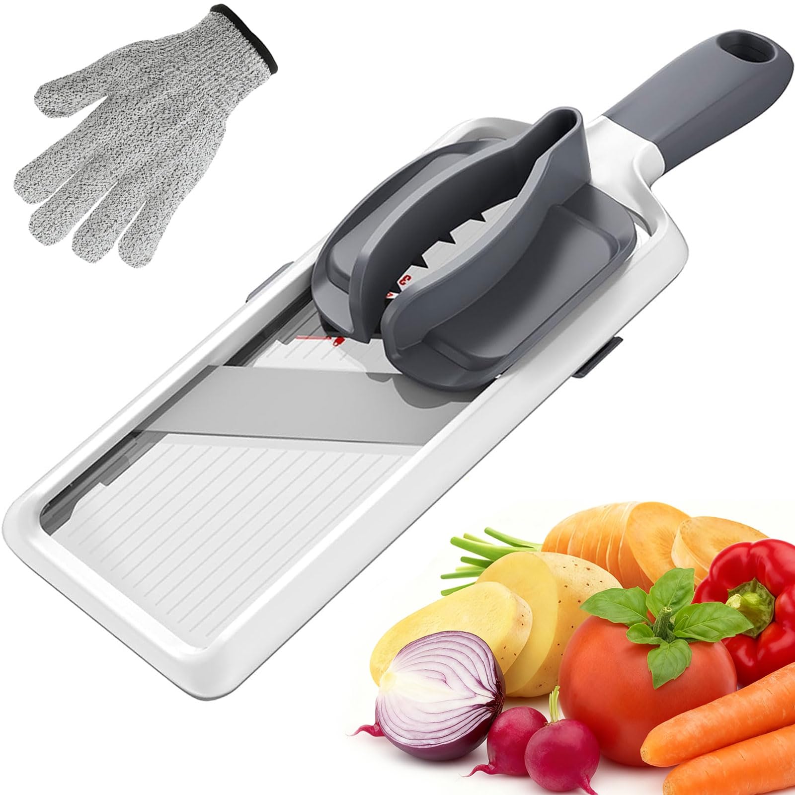 Houbobo Handheld Mandoline Slicer for Kitchen, Adjustable Mandoline Vegetable Slicer with Comfort Grip and Cut Resistant Glove, Safe Speedy Slicing for Cheese, Apple, Potato, Essential Kitchen Tool