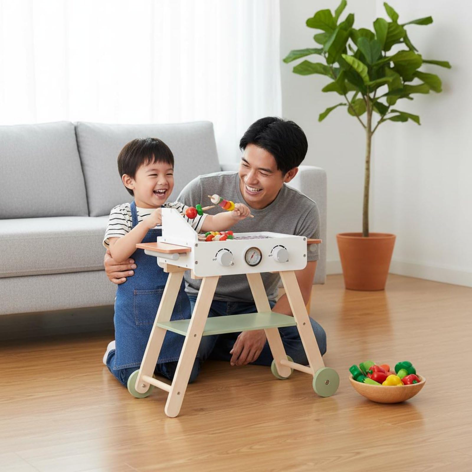 Barbecue Giocattolo per Bambini Griglia Finta Set Cucina Giocattolo in Legno con Manopole Etermometro Finto Cottura Immaginaria Ruoli Condivisi Adatto per Gioco Domestico Feste Asilo Regali