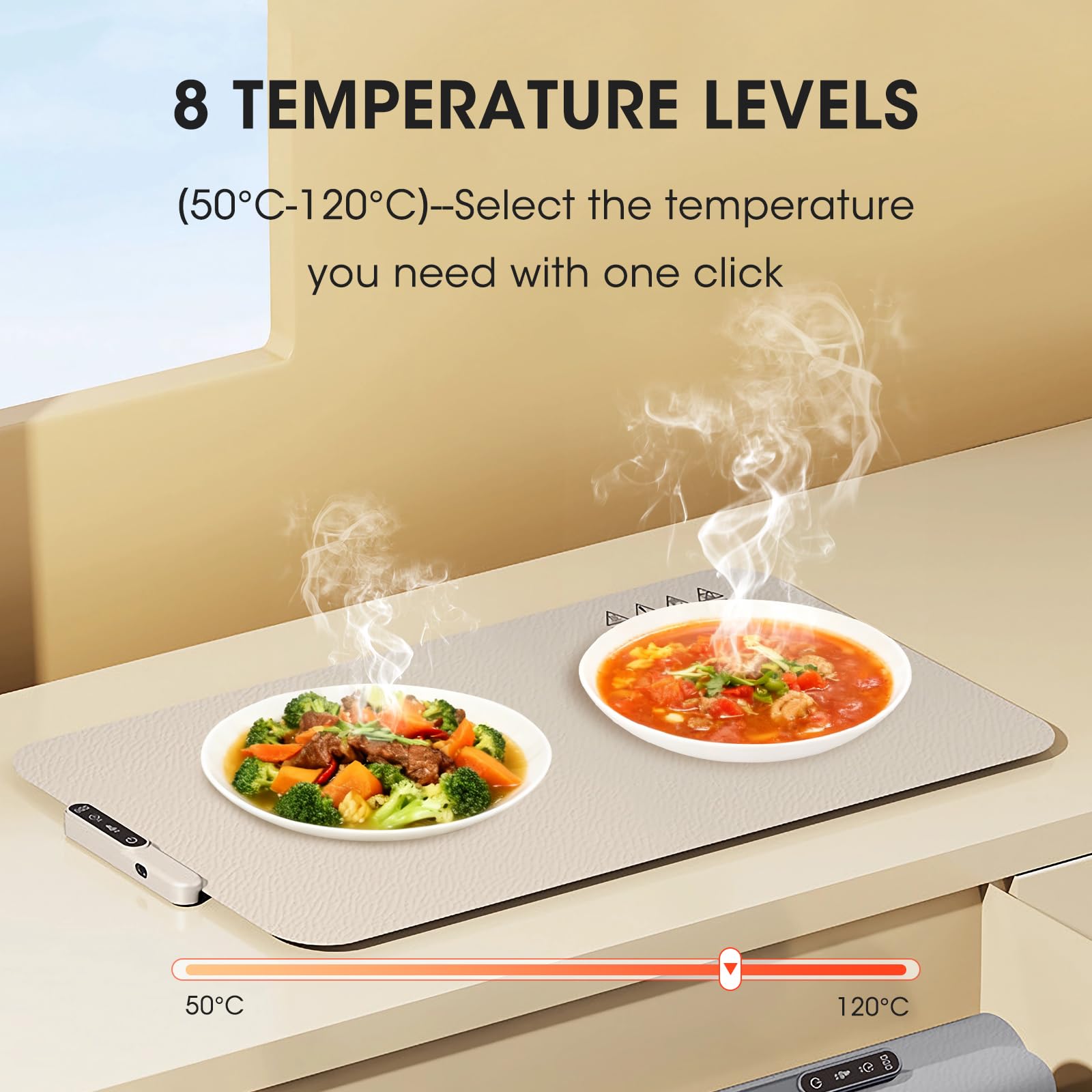 Elektryczny podgrzewacz płaski, mata grzewcza do żywności, elastyczna składana płyta grzewcza z regulowaną temperaturą i 8-godzinnym timerem, 50-120℃, 38*60 cm, idealny bufet, imprezy, posiłki